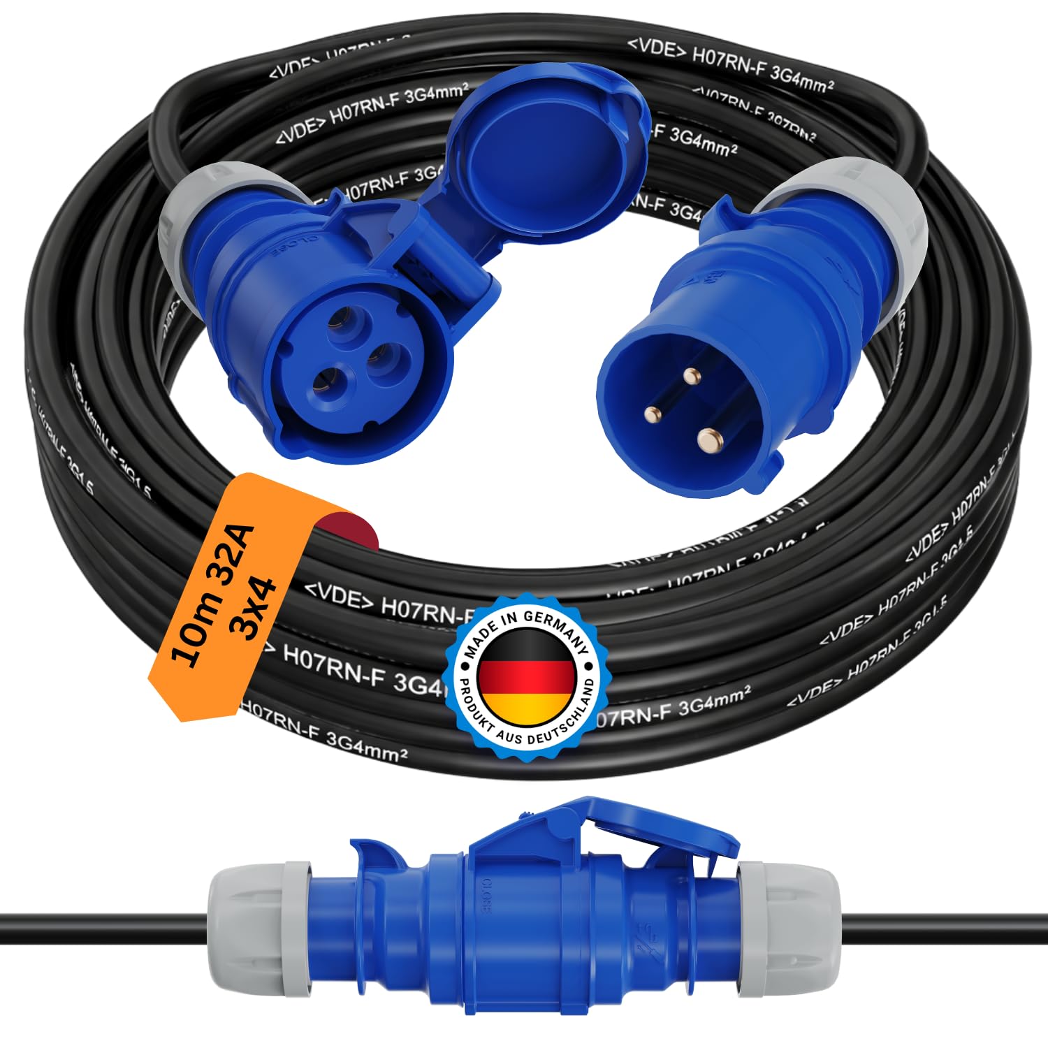 CEE Verlängerungskabel 10m 32A H07RN-F 3x4mm² CEE Stecker & Kupplung 230V Kabel Outdoor Verlängerungskabel für Landstromanschluss Wohnmobil Caravan Camping Stromkabel & Werkstatt Industrie