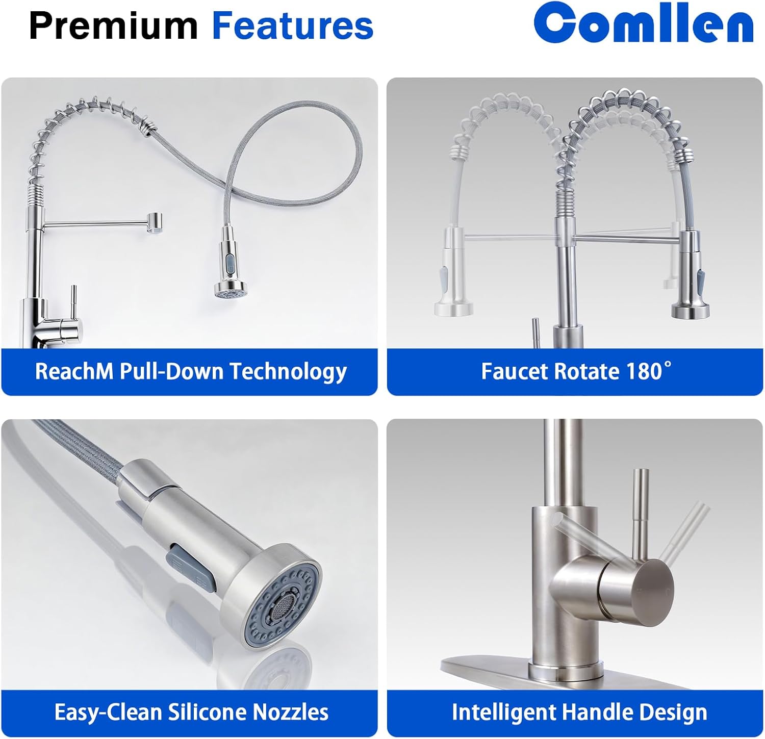 Comllen Kitchen Faucet with Pull Down Sprayer Brushed Nickel Stainless Steel 1 Handle Pull Out Spring Sink Faucets 1 Hole Or 3 Hole Dual Function for Outdoor Utility Camper Laundry Rv Wet Bar - Image 5