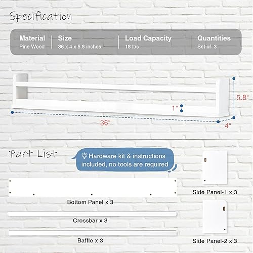 Miniatura 2 de Estantería de pared blanca mejorada para habitación de los niños, estantes flotantes de 36 pulgadas de largo para cuarto de bebé, estantes colgantes