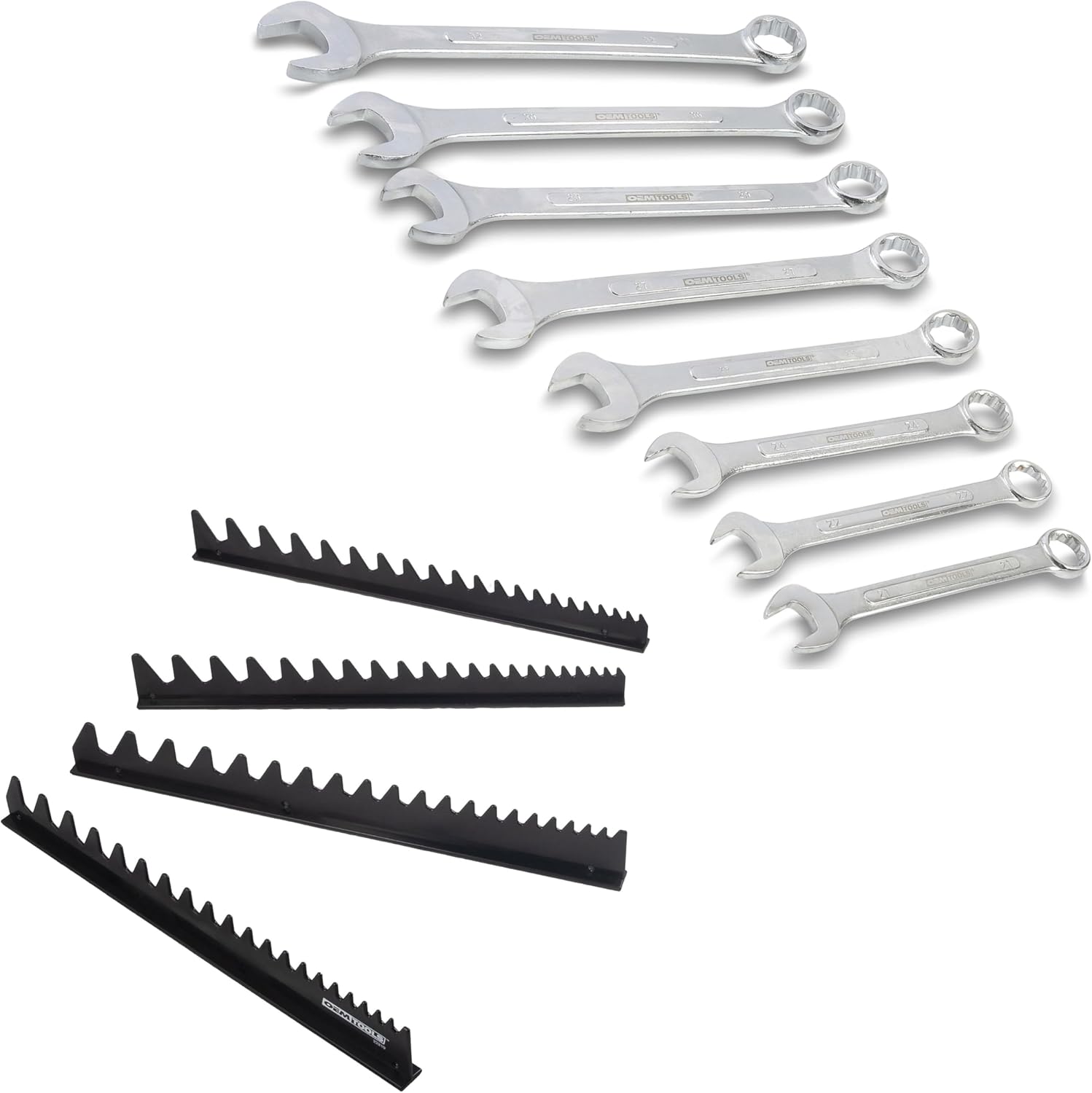 OEMTOOLS Jumbo Combination Wrench Set, 8-Piece Metric, 21-32mm, 4 Piece Magnetic Rail Wrench Organizer, Heavy-Duty Automotive, Roll-Up Storage Bag, Magnetic Wrench Storage For Up To 40 Tools