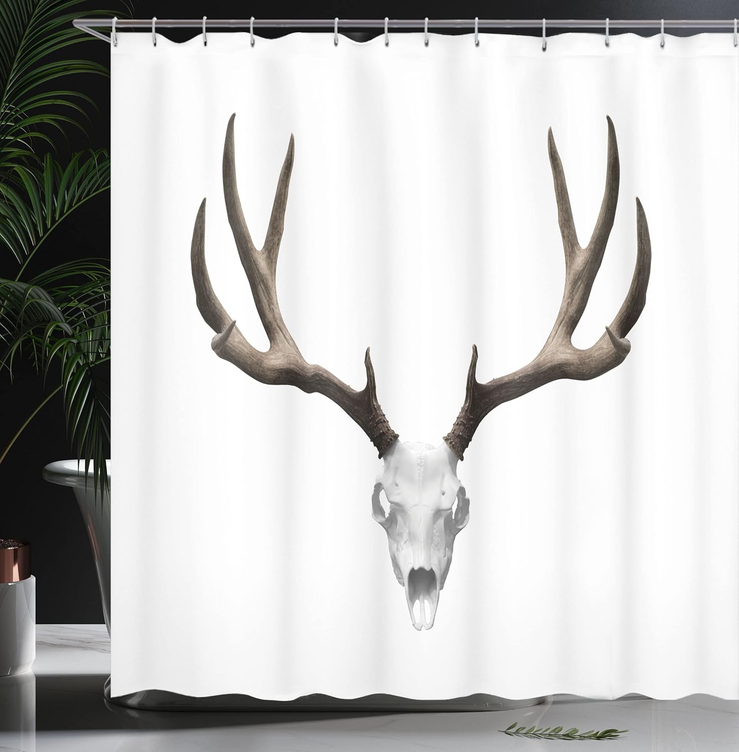 Ambesonne Antlers Shower Curtain, Deer Skull Skeleton Head Bone Halloween Weathered Hunter Theme Motif, Cloth Fabric Bathroom Decor Set with Hooks, 69" W x 75" L, Taupe Grey