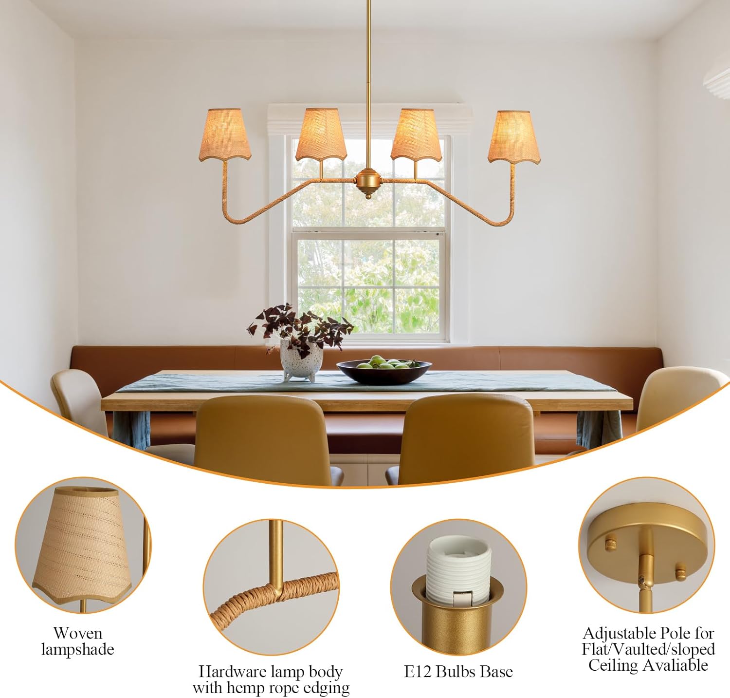 39" W Coastal Boho Rustic Rattan Chandelier, 4 - Light Gold Linear Pendant Light Fixture, Farmhouse Lighting for Kitchen Island, Dining Room Over Table Compatible with E12 Bulbs(Not Included)