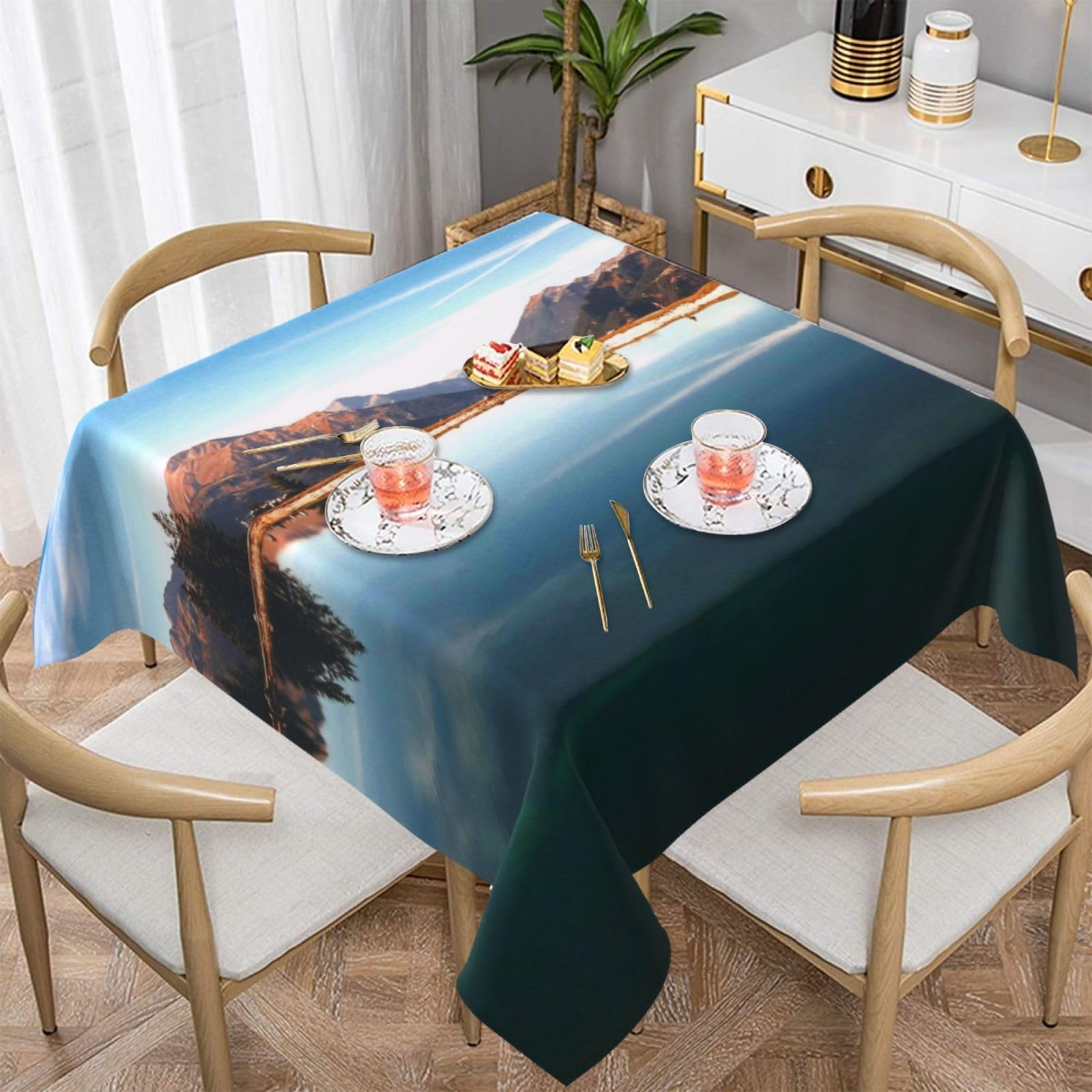 Nappe imperméable et infroissable motif lac et montagnes pour table de jardin et intérieur