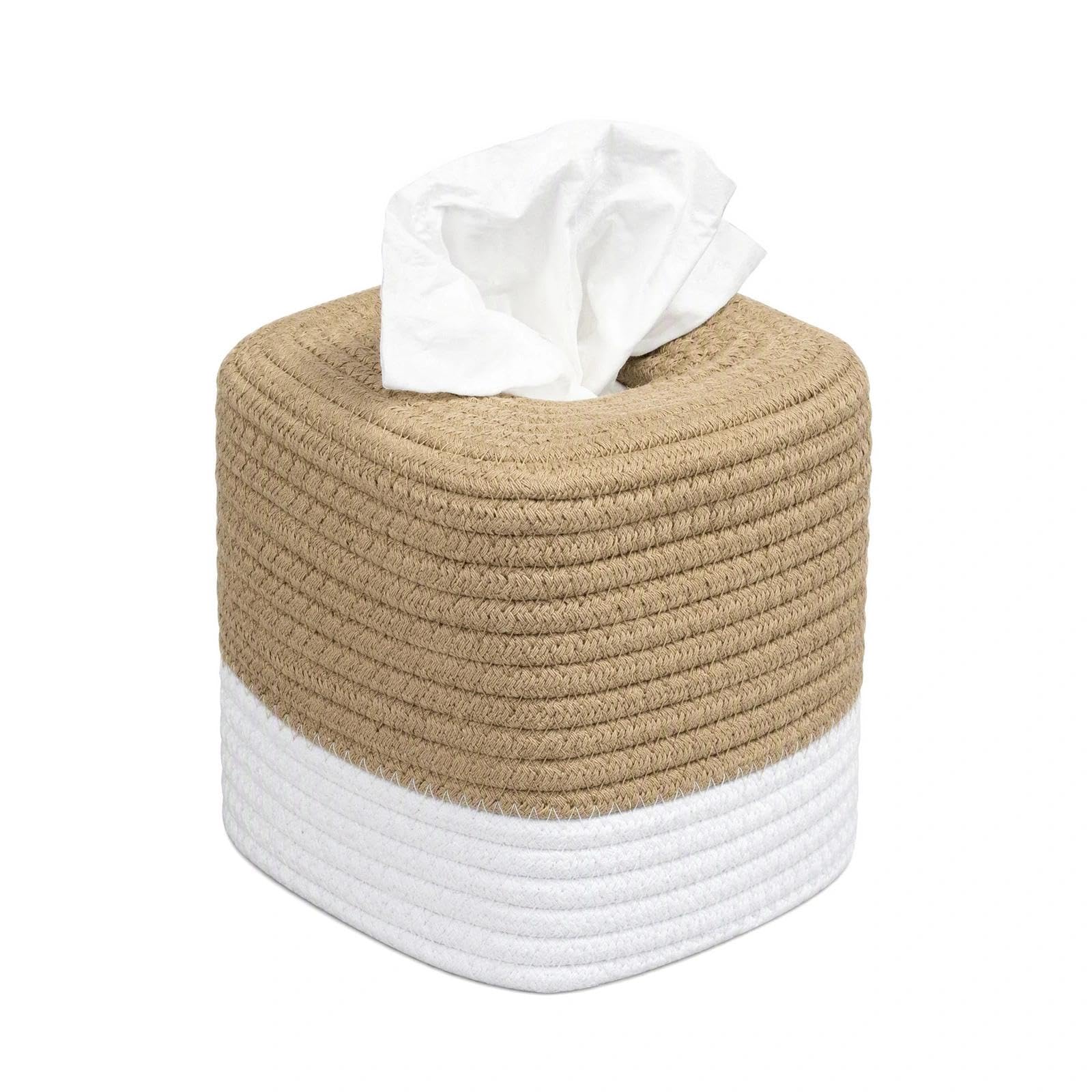 Cotton Square Tissue Box Cover, Hand Woven Boho Napkin Holder with Open Bottom, Rustic Decorative Cube Tissue Organizer for Bathroom, Living Room, Table & Home Decor