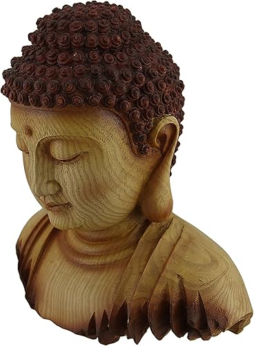 Miniatura 2 de Zeckos Estatua decorativa de madera tallada de imitación con cabeza de Buda meditadora