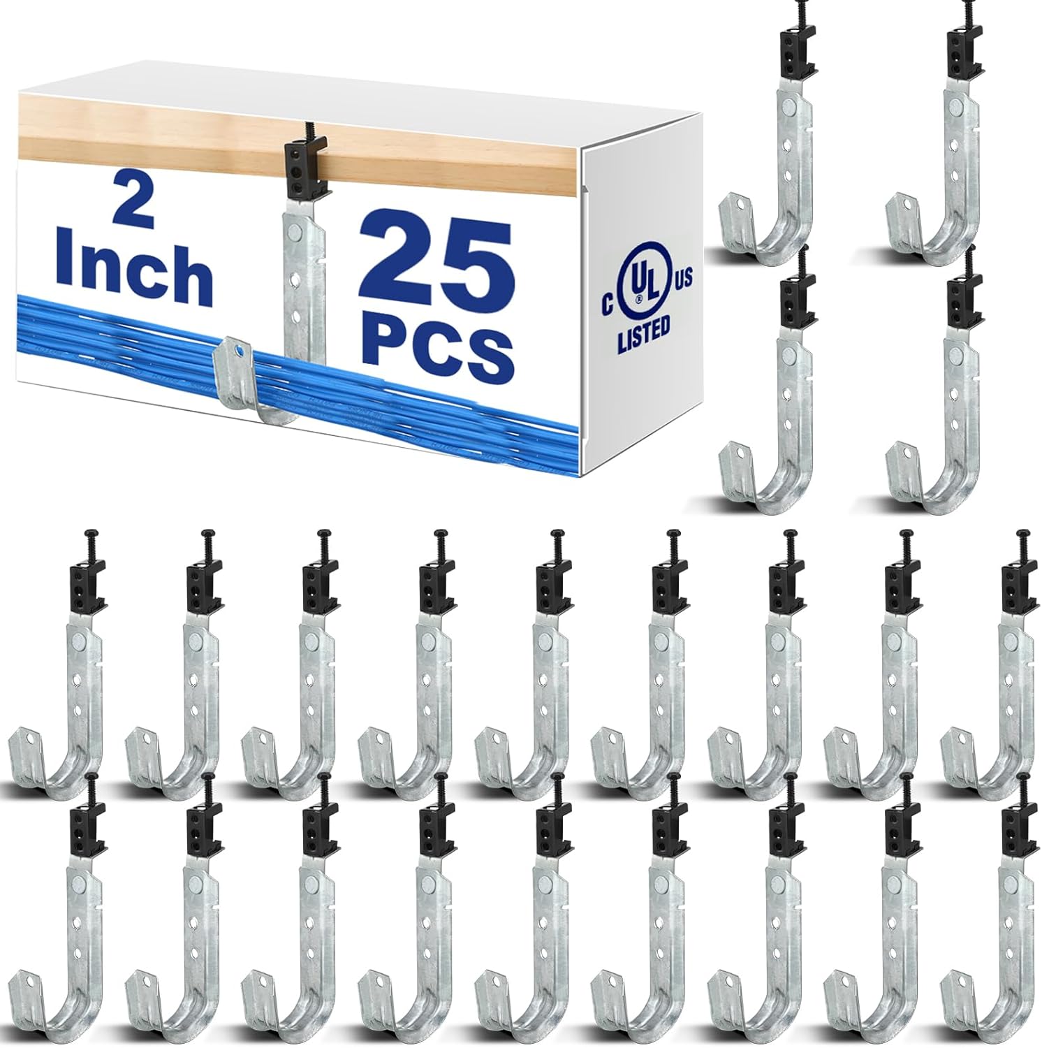 Blulu 25 Pcs J Hooks Cable Support J Hook with Swivel Beam Clamp Heavy Duty Metal Hangers for Hanging Organizing Cable Wire Cord Management, G60 Galvanized Steel(2 Inch)