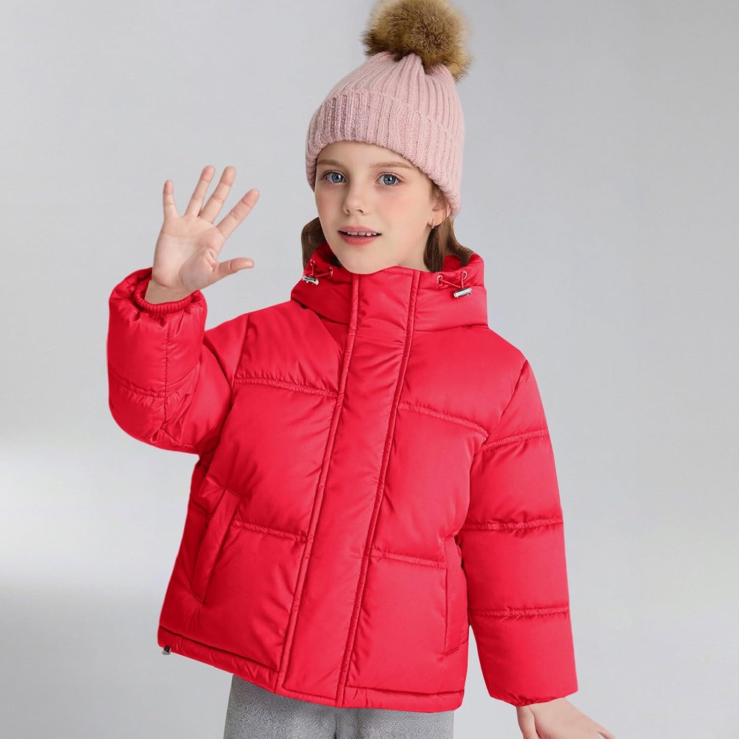 Winter Down Jacket for Girls Hooded Solid Zip Lightweight Windproof Puffer Coat Kids Trendy Warm Outerwear
