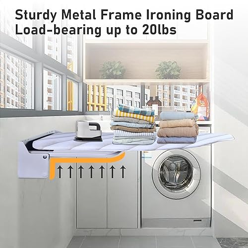 Miniatura 5 de MYOYAY Tabla de planchar montada en la pared de 13 x 37 pulgadas, ahorro de espacio, tabla de planchar plegable de 180 con cubierta resistente al