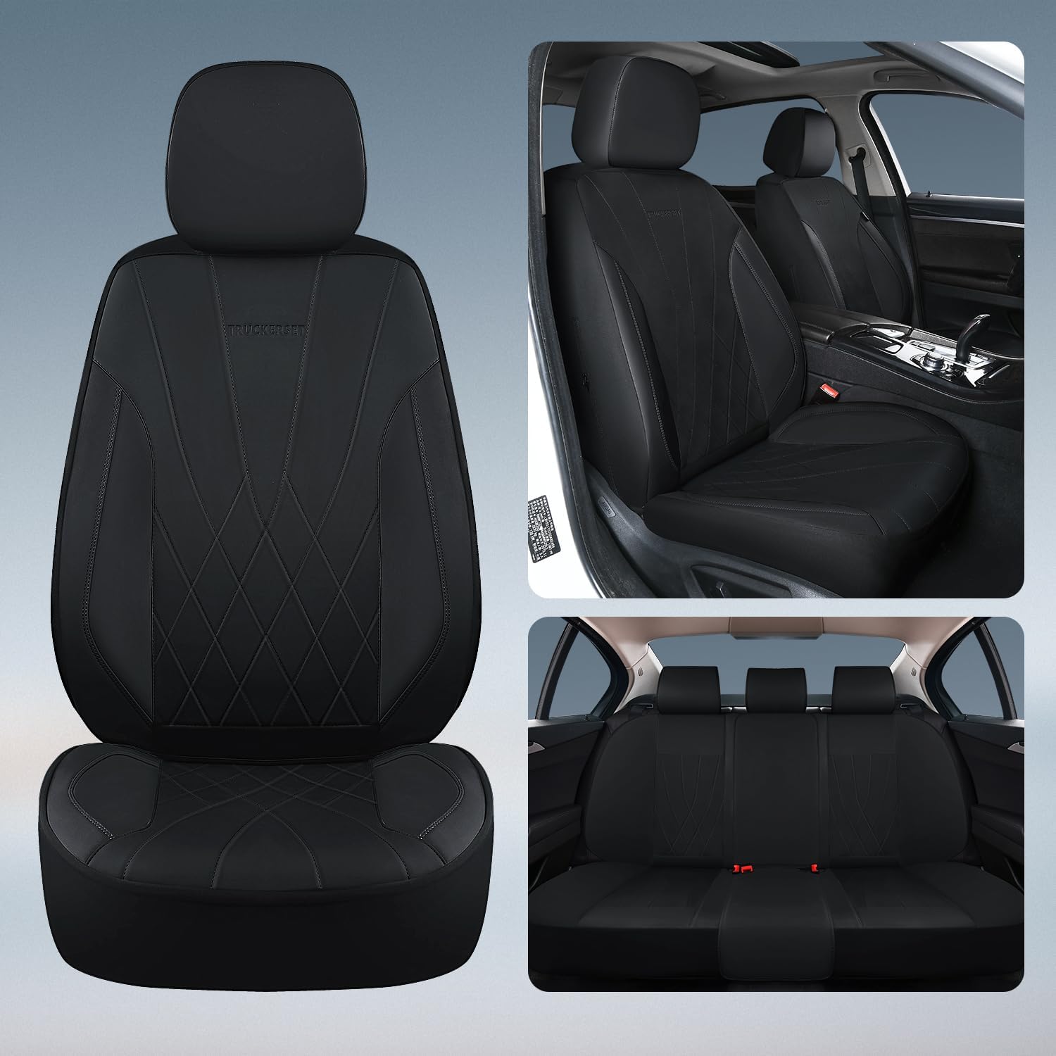 Car Seat Covers Full Set, Leather Car Seat Cushion, Ultra-Thin Breathable Materials, Suitable for Most Car SUV/Truck/Sedan/Automotive (All Black, Five-Piece)