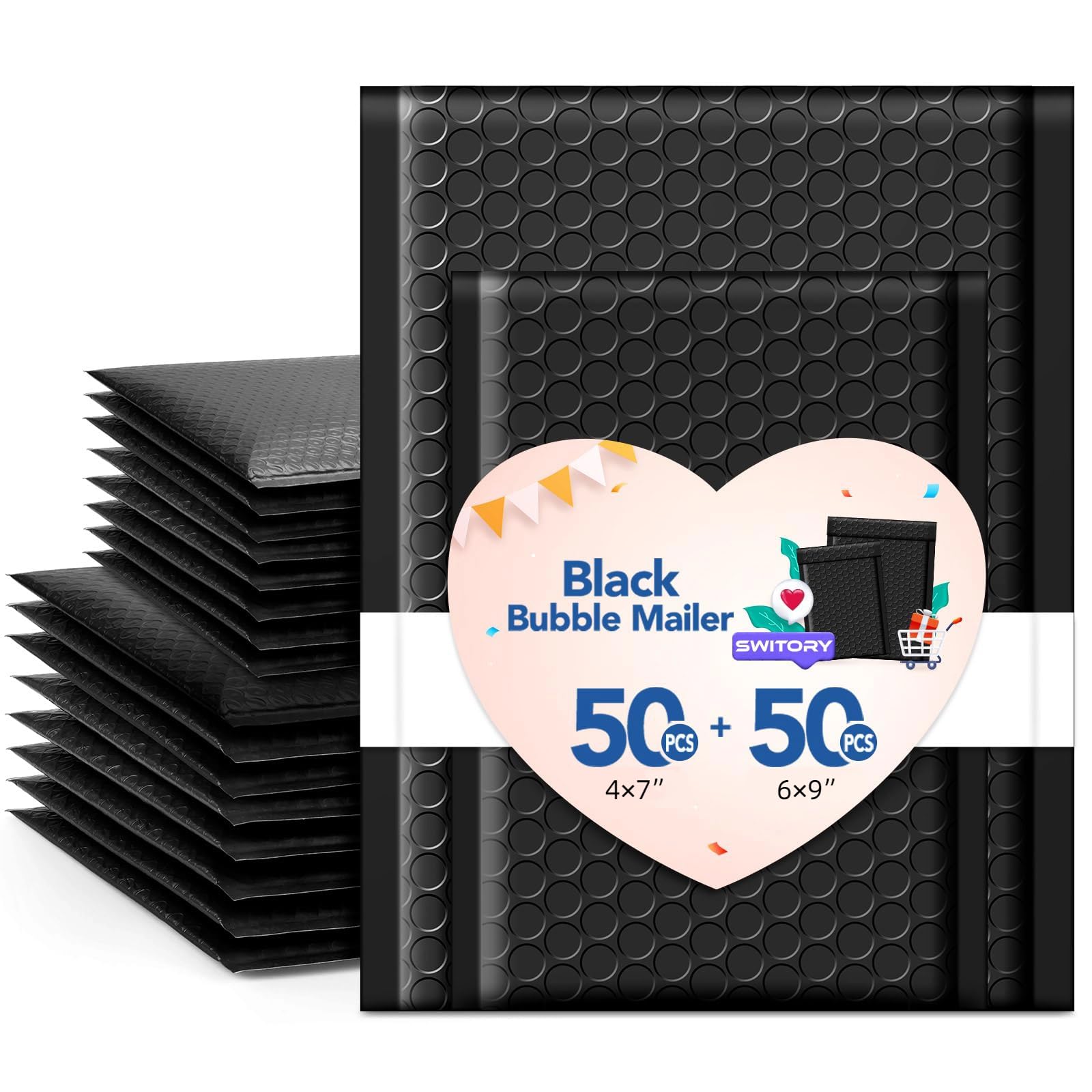 Switory Padded Envelope 100 Pack Bubble Mailer with 4x7'' & 6x9'' Strong Adhesion Cute Padded Mailer, Self-Seal Bubble Envelope Mailing for Small Business, Black