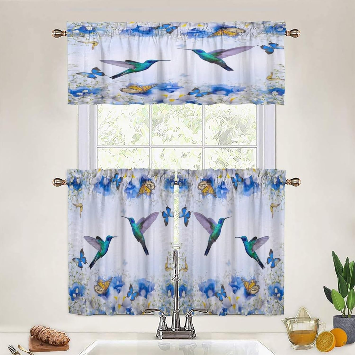 Brebasf Spring Hummingbird Valance for Window Curtains,Abstract Floral Birds Romantic Blue Flowers Rod Pocket Curtains Valance Window Treatment 1 Valance(54"x18")&2 Tiers(27.5"x36")