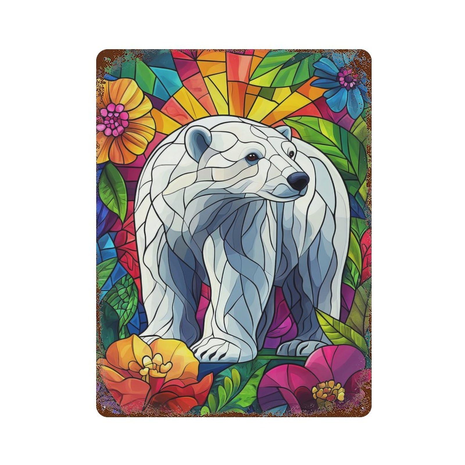 Garage Style Polar Bear in Floral Stained Glass Rusty Metal Tin Sign 15.7"x11.8", Industrial Home Decor for Bar And Workshop