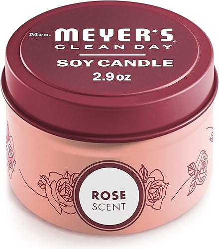 Mrs. Meyer's - Vela de lata de soja, 12 horas de tiempo de combustión, hecha con cera de soja y aceites esenciales, rosa, 2.9 onzas