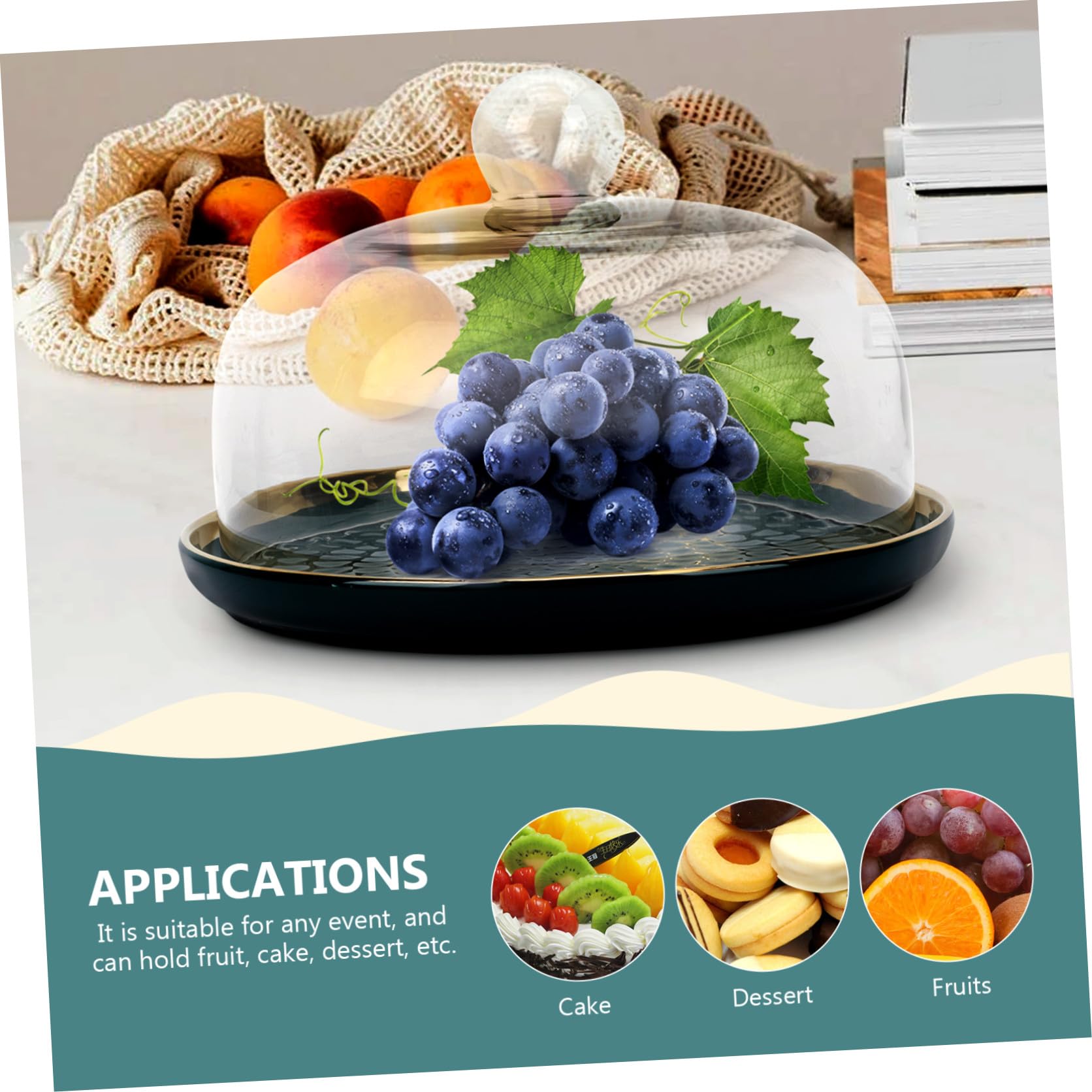 KICHOUSE Juego de Bandeja de Postres y Plato para Almacenar Frutas con Tapa de Vidrio, Bandeja de Cerámica Segura y Elegante para Fiestas Familiares y Bodas