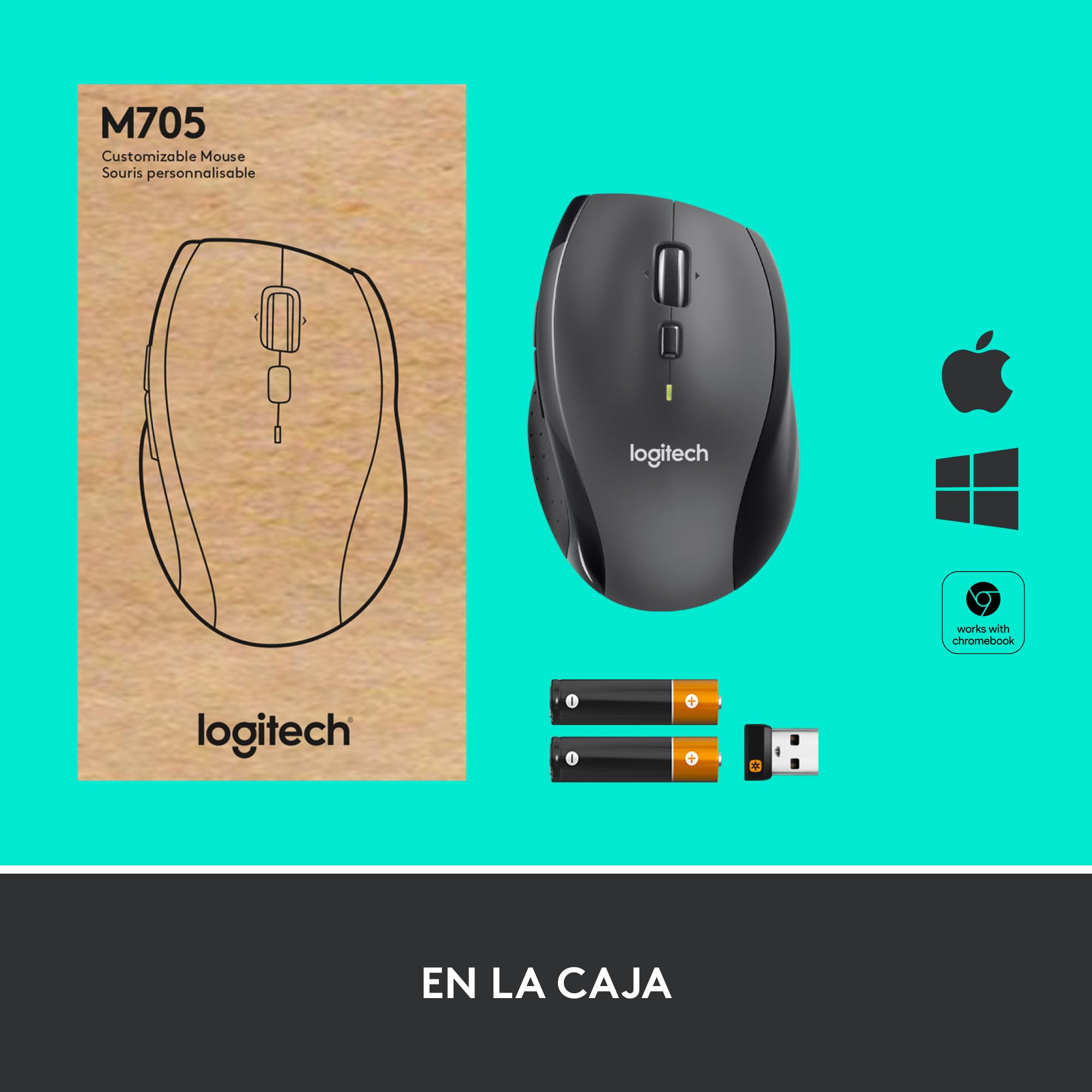 Logitech M705 Marathon Ratón inalámbrico | Receptor USB 2,4 GHz, 1000 DPI, 5 Botones Programables, Batería 3 años, PC/Mac/Portátil/Chromebook