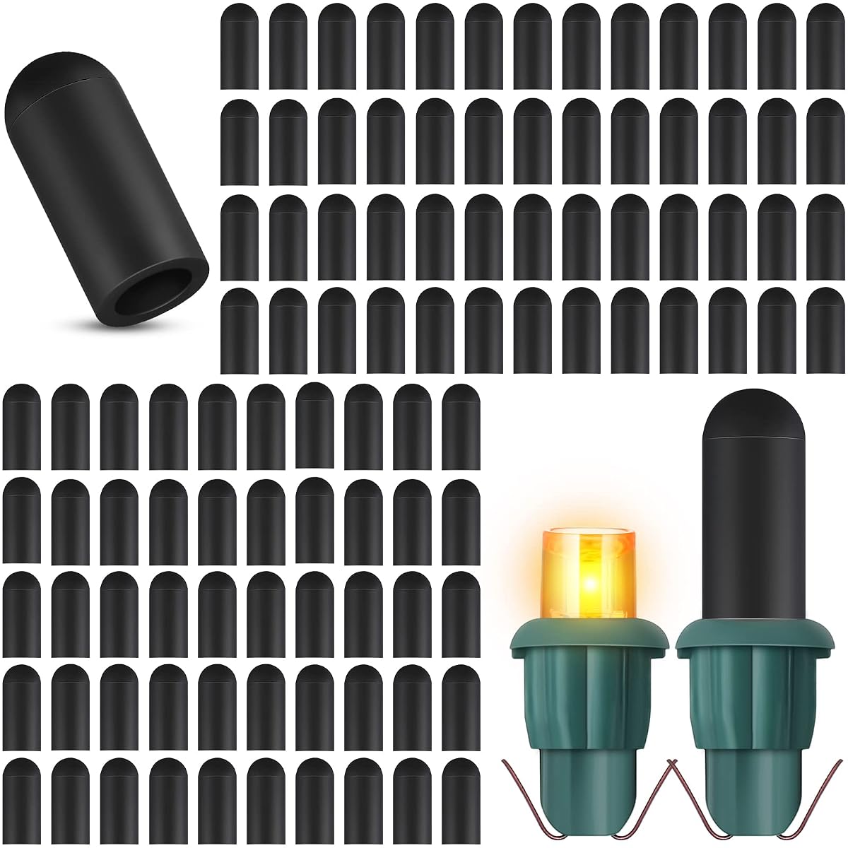 Zonon Christmas Light Caps - 100 Black Rubber No Glow Caps for LED Lights, 0.18
