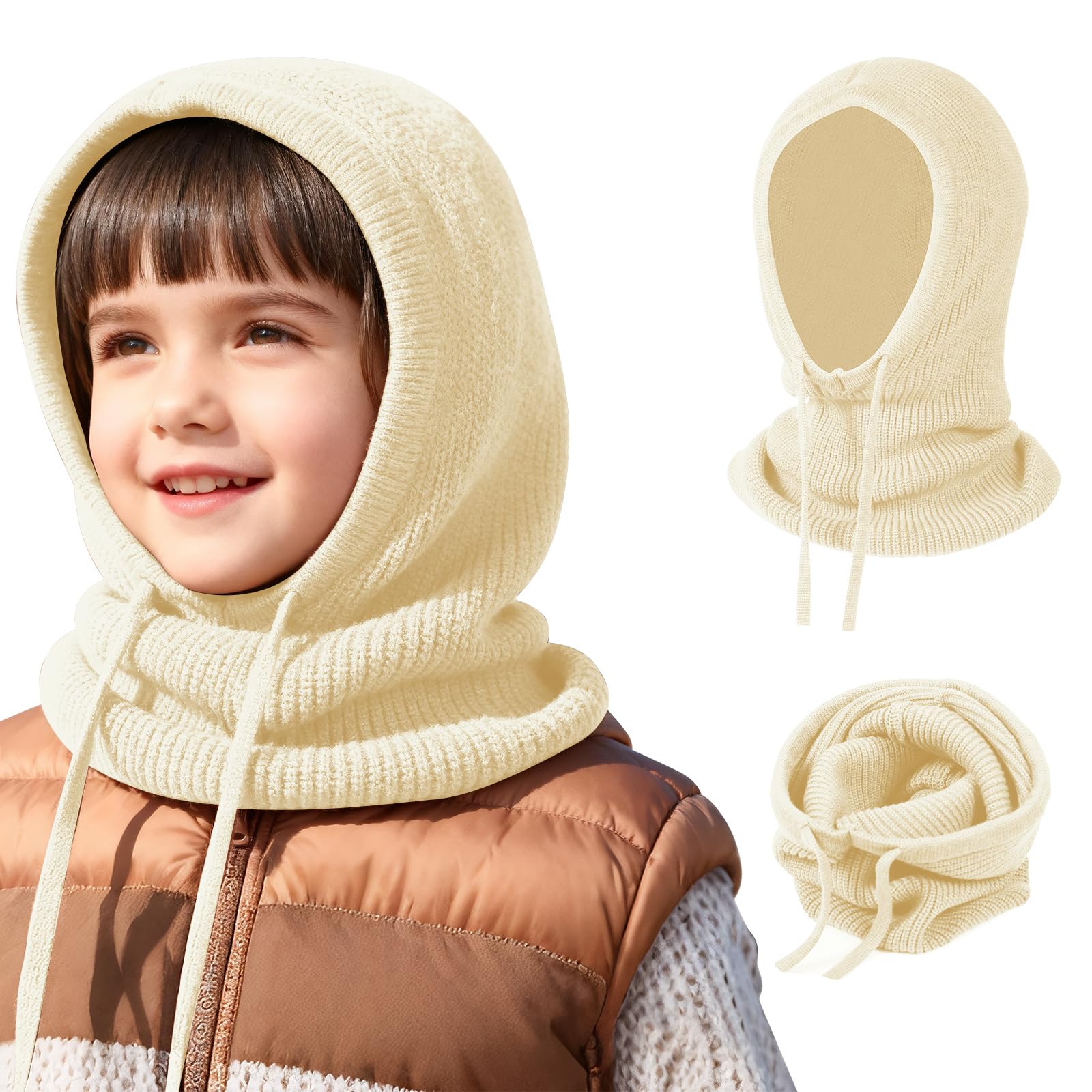 TAGVO Niño Gorro Balaclava 2 en 1 con Bufanda, Pasamontañas Tejido a Prueba de Viento Cálido Bufanda con Capucha, Suave Gorro Invierno Calentador de Cuello para Niño Niña De 4-10 Años