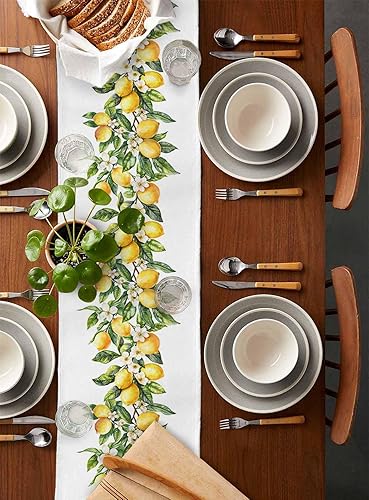 Miniatura 3 de Camino de mesa de lino de arpillera  120 pulgadas de largo, limón de primavera rústico con hojas, camino de mesa de comedor para cocina, tocador,