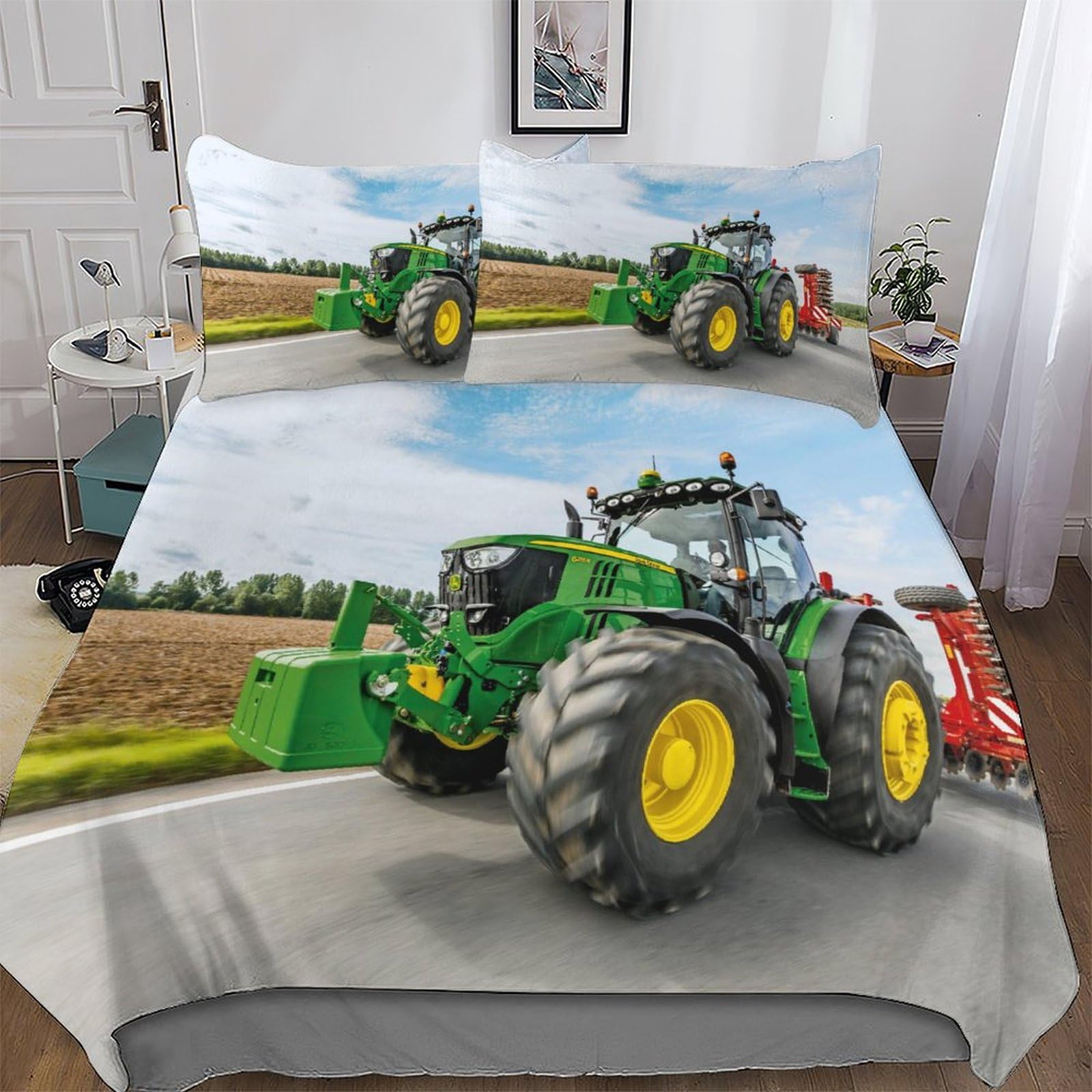 Pazzk Boys Tractor-4 Tractor Bedding Set Duvet Cover With Pillowcase Soft Microfiber Quilt Cover 3D Print Design Comforter Cover 2 Pieces For Girls And Teenagers Single (135X200cm)