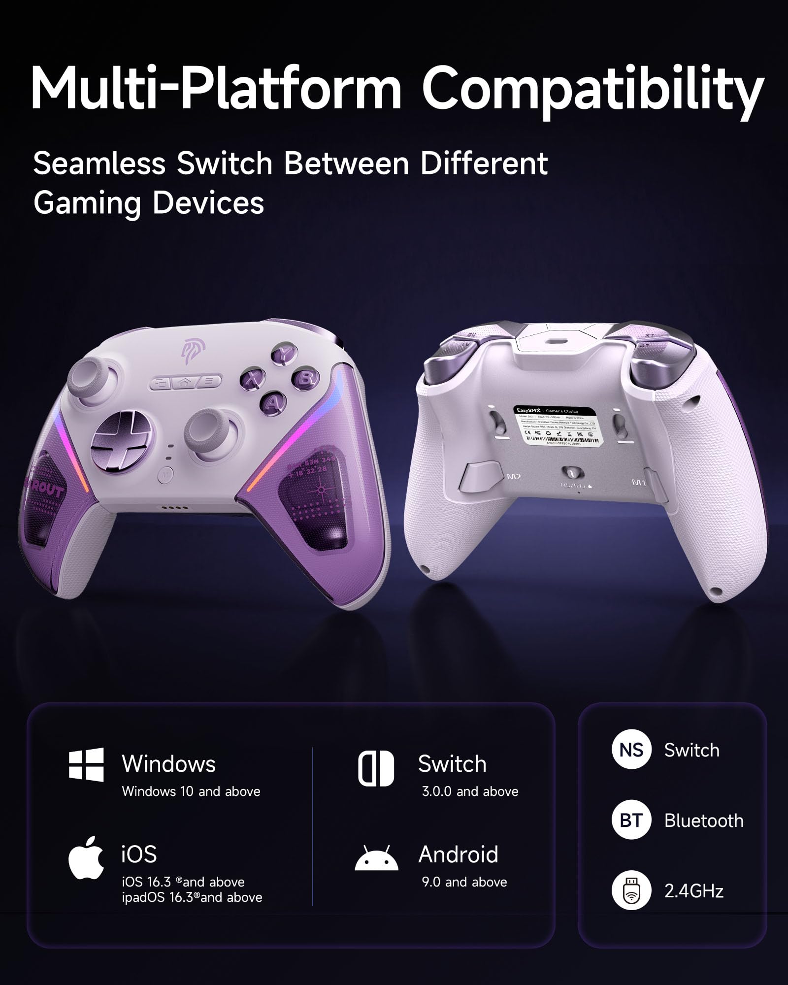 EasySMX Bezprzewodowy Kontroler PC ze Stacją Ładowania/RGB/Hall Joystick i Triggerem, D10 Kontroler Switch 2, Kontroler do Telefonu dla PC/Switch/Urządzeń Android/iOS (Fioletowy