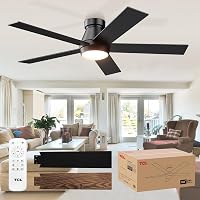 TCL 52" Flush Mount Ceiling Fan with Lights & Remote - Quiet 25dB DC Motor, 6 Speeds Reversible, Dimmable LED, Black for Bedroom