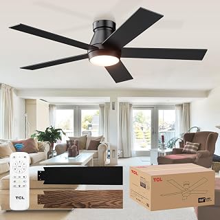 TCL 52" Flush Mount Ceiling Fan with Lights & Remote - Quiet 25dB DC Motor, 6 Speeds Reversible, Dimmable LED, Black for Bedroom