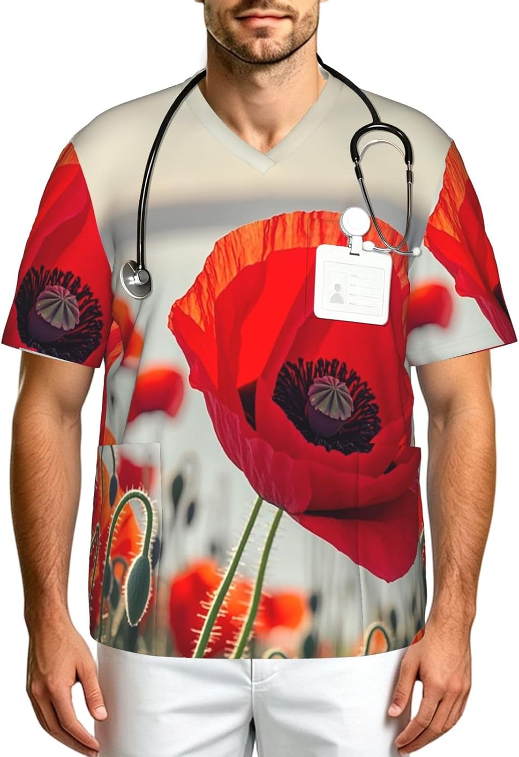 Professional Scrub Tops for Men, Classic V-Neck Workwear with 3 Pockets