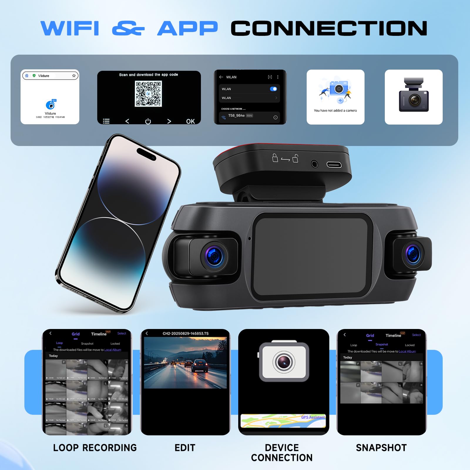 Hodozzy 4K 4 Canaux Dashcam Voiture, WiFi et Contrôle Via App Dash Cam Caméra avec Enregistrement en Boucle, GPS Caméra Embarquée 3 Pouces avec Vision Nocturne, Capteur G, Mode Parking+ 64G Carte TF
