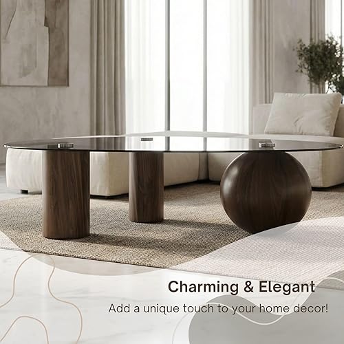 Miniatura 7 de Mesa de centro de cristal moderna de 55 pulgadas para sala de estar, mesa de centro grande con parte superior de vidrio templado ovalada gris, patas