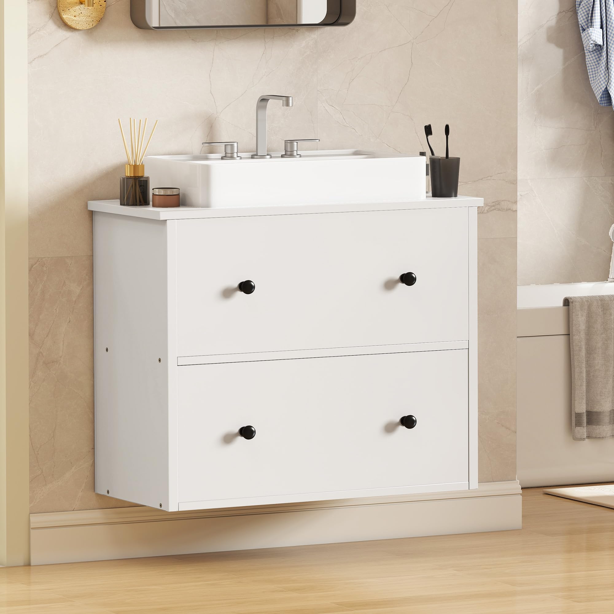 YITAHOME Waschbeckenunterschrank wandmontage, Badezimmerschrank, 2 große Schubladen, 60 x 30 x 50 cm, wall-Mounted Bathroom Vanity Cabinet, weiß