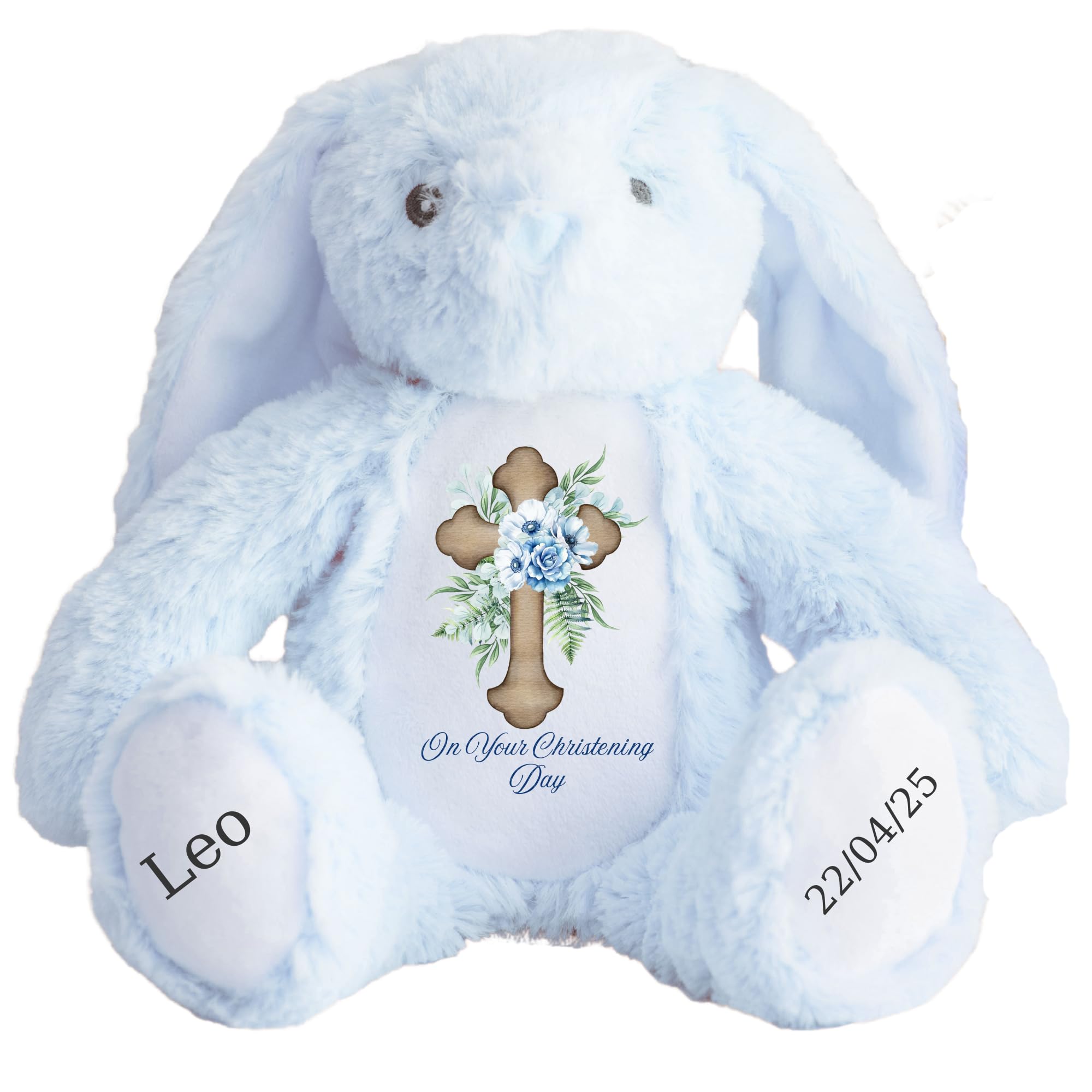 HotScamp Personalised Christening Bunny with Name - Blue Flower Cross On your Christening Day Soft Toy for Baby, Toddler, Kids, Child, Babies Baptism Church Spring Time - Blue Letter Blu Bunny