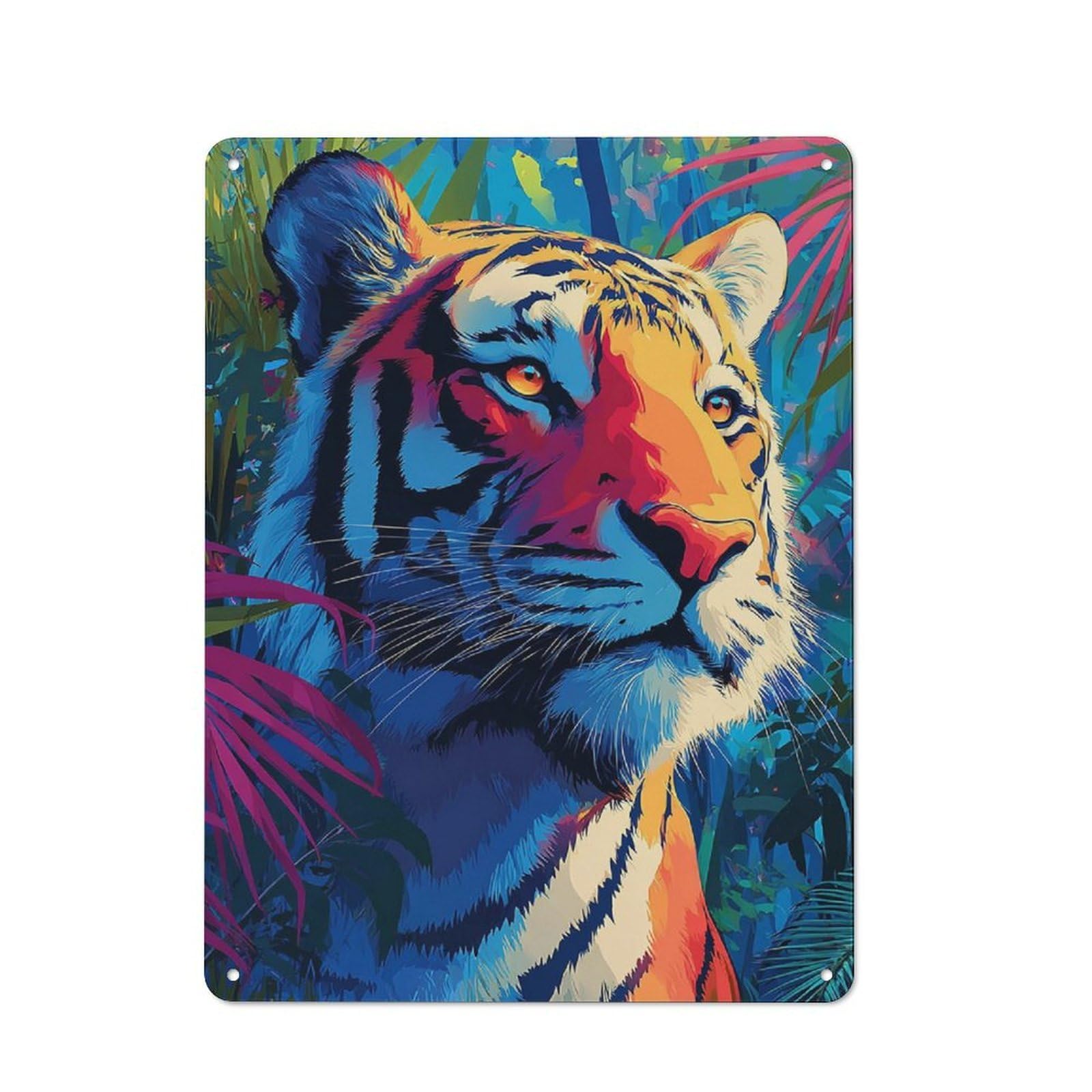 Junmoney Colorful Tiger In Jungle -1 Classic Metal Plaque 40X30cm Featuring Bistro Wall Plaque For Kitchen, Cafe, Pantry Or Dining Room