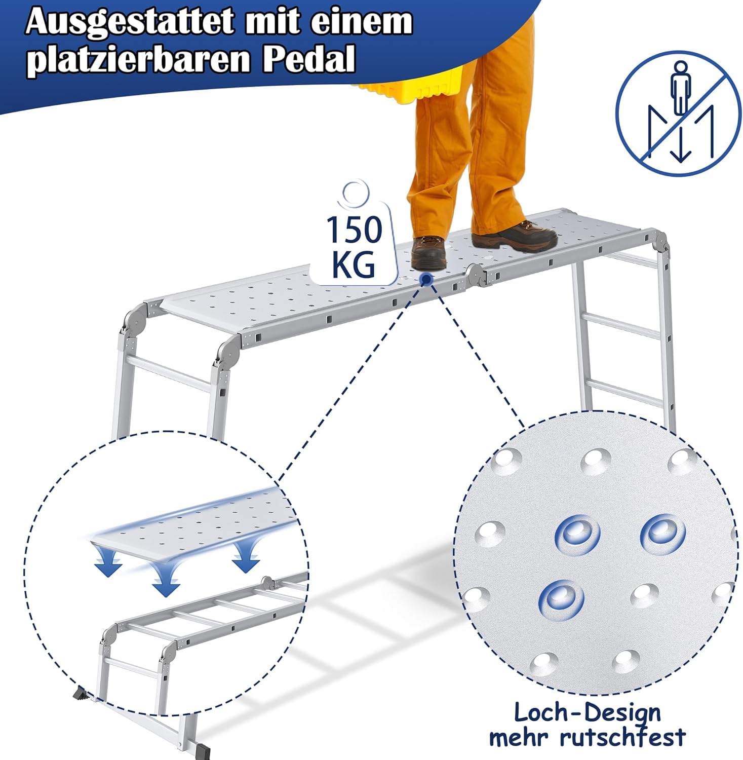NAIZY Aluminiowa drabina wielofunkcyjna 550 cm, 6 w 1, składana drabina z 2 rolkami i platformą, 4 x 5 srebrna, składana drabina wielofunkcyjna, do 150 kg
