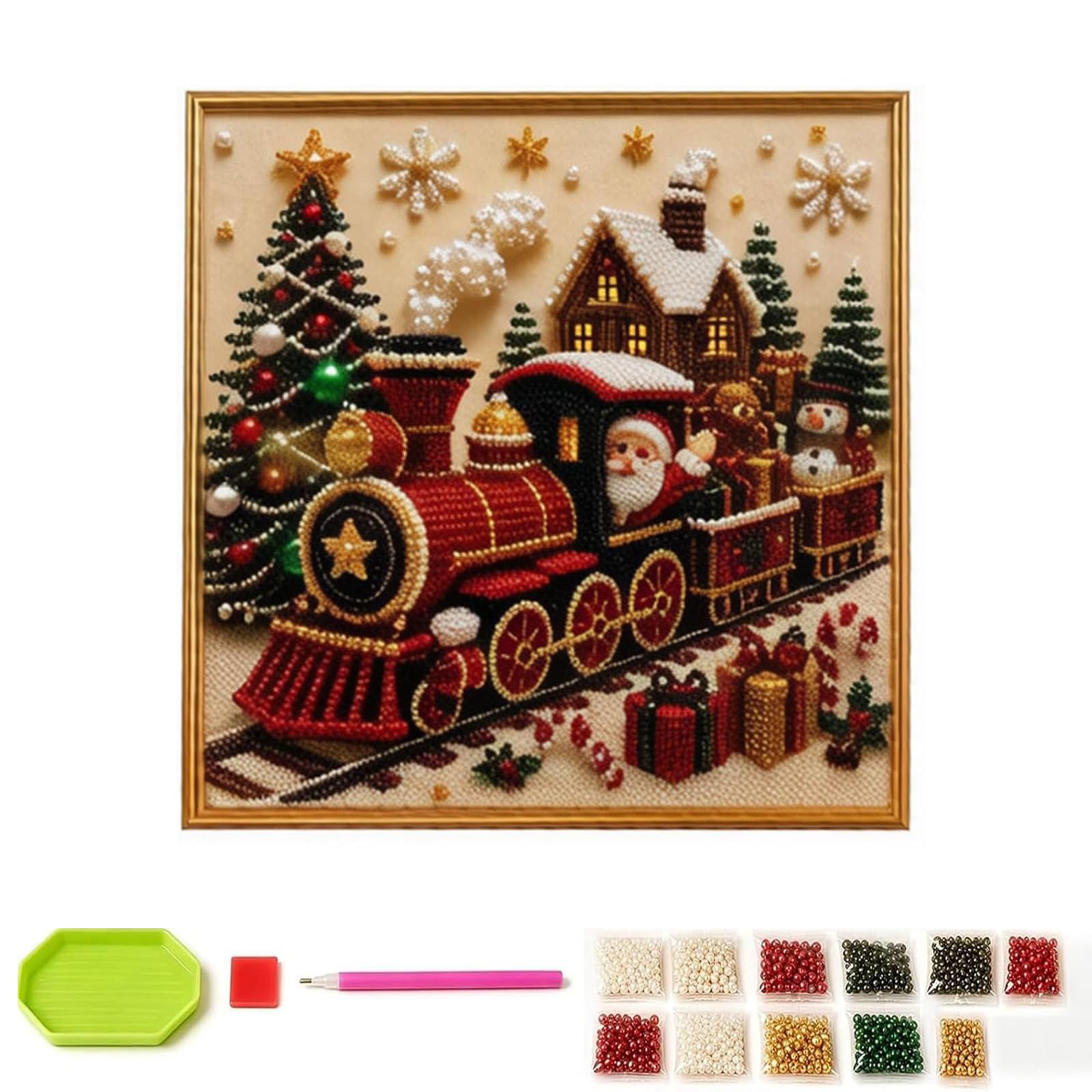 DIY Christmas Pearl Diamond Painting Art Kit with Frame, Premium 3D Pearl Christmas Wall Art Kit, Handmade Flocked Canvas Pearls Art Set, 3D Beads Art Craft Set for Adults Beginners (#a)