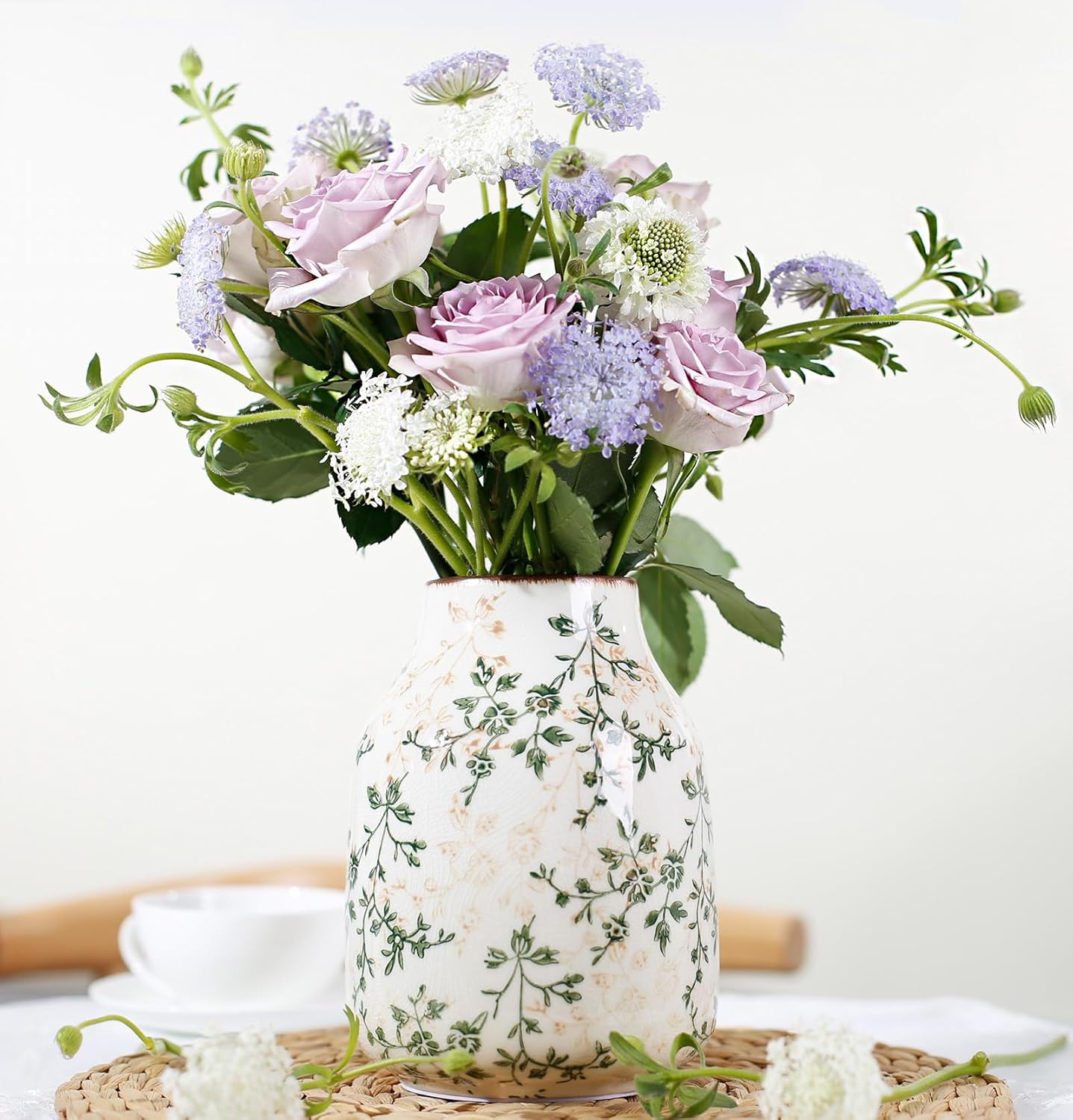 Vintage Green Ceramic Decorative Floral Vase for Flower Bouquet centerpieces Beige Ice Glazed Crack Farmhouse Rustic for Home Decor, Living Room, Shelf, Office, Table 7.7 Inches with Vine Pattern - Image 5