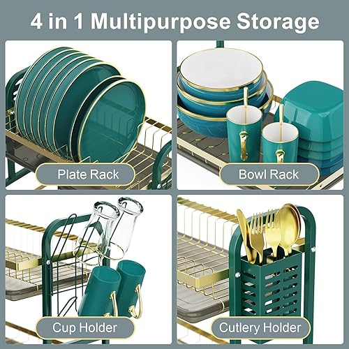 Miniatura 4 de Escurridor de platos, juego de escurridor de platos de acero inoxidable de 2 niveles, soporte para utensilios, soporte para tazas, escurridor de