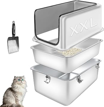 Stainless Steel Cat Litter Box, 23.6" L x 15.7" W x 12" H Extra Large XXL Semi Enclosed Removable Metal Litter Box with High Sided Enclosure, Scoop, Non-Sticky, Easy Cleaning