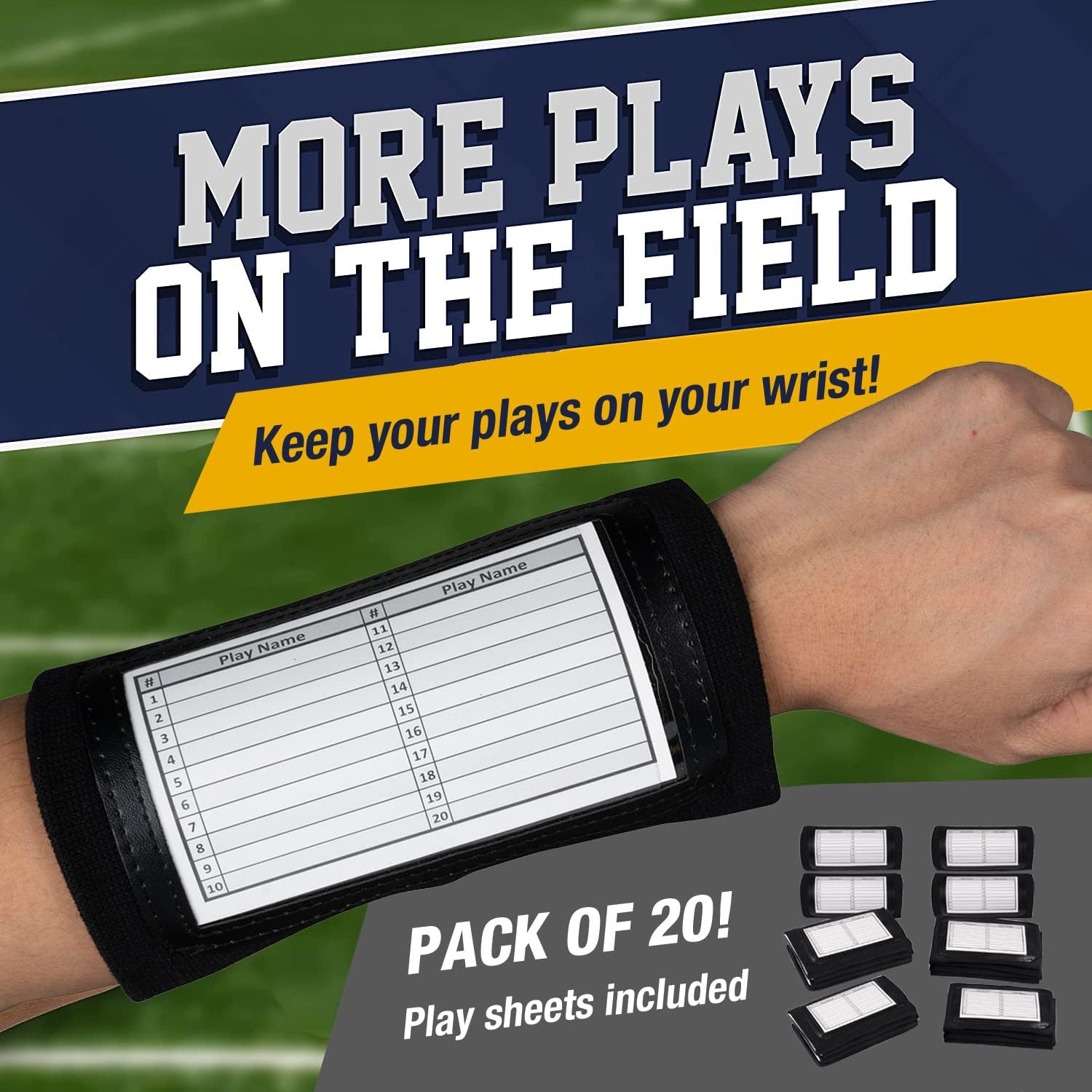 Softball Wristbands for Signs - Single Window Adult Size 20 Pack - Football Quarterback (QB) Play Sheets - Baseball Armband Playbook - (Black)