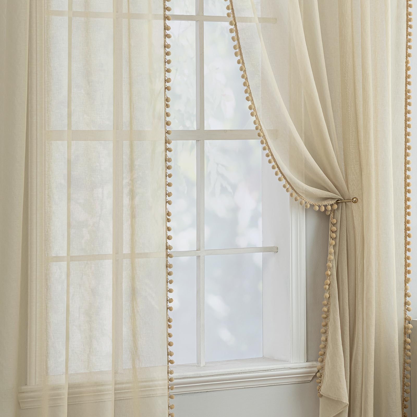 MIULEE Voilage Pompons Passe Tringle 2p L140 H225 Beige | Voilage décoratif à pompons boule avec œillets, style mignon pour chambre bébé et salon