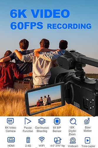 Miniatura 2 de Acuvar 4K/6K Video Camera Camcorder – 64MP Vlogging Camera for YouTube, 60FPS, 18X Zoom – with Mic, LED Light, Tripod & 2×64GB Cards – WiFi, Webcam