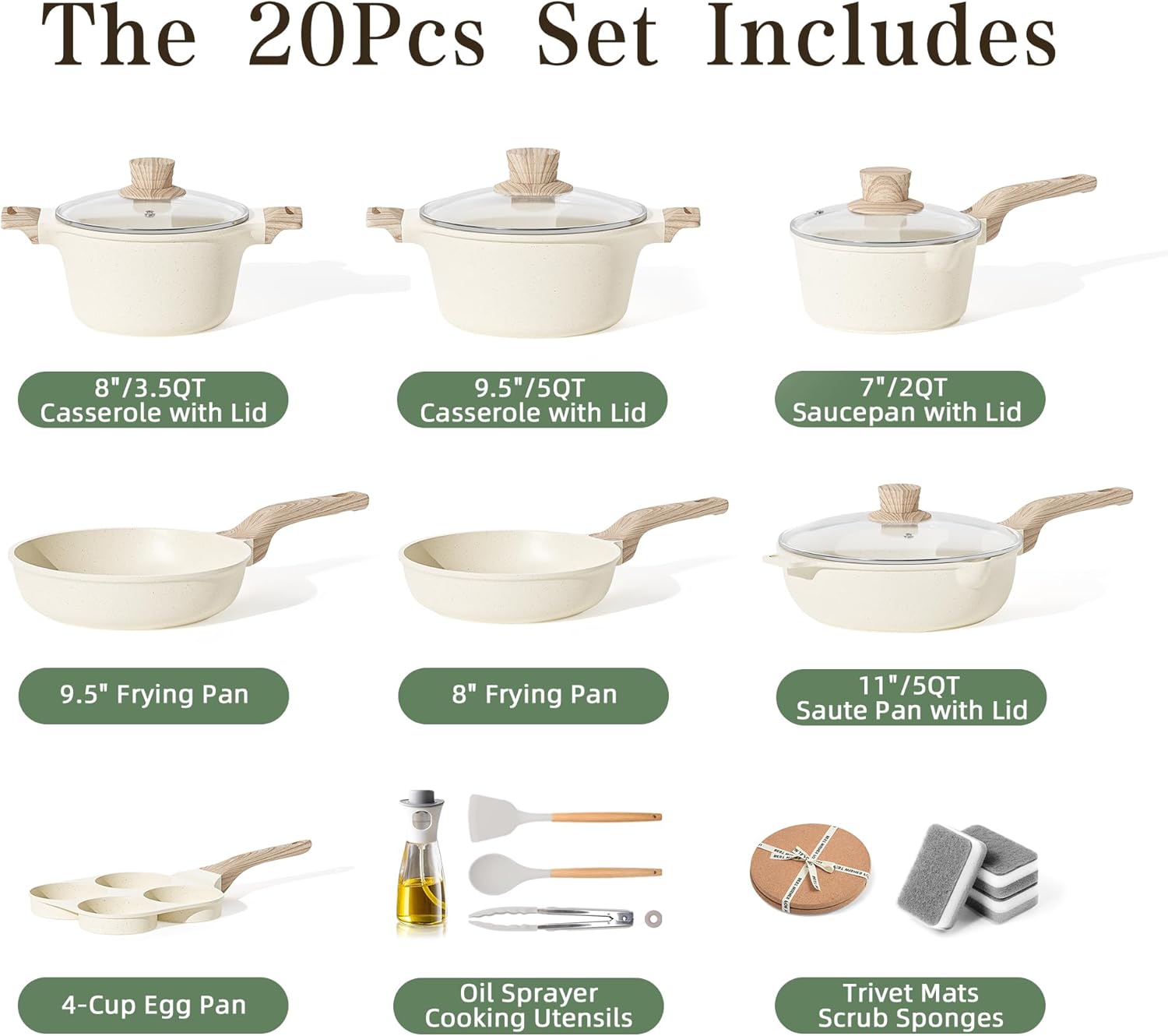 20Pcs Pots and Pans Set Non Stick, Kitchen Nonstick Cookware Sets, White Granite Induction Cookware Non Toxic Cooking Set w/Frying Pans, Saucepans, 4 Cup Pan, PFOS & PFOA Free Cream White 20 Piece Egg Pan Set