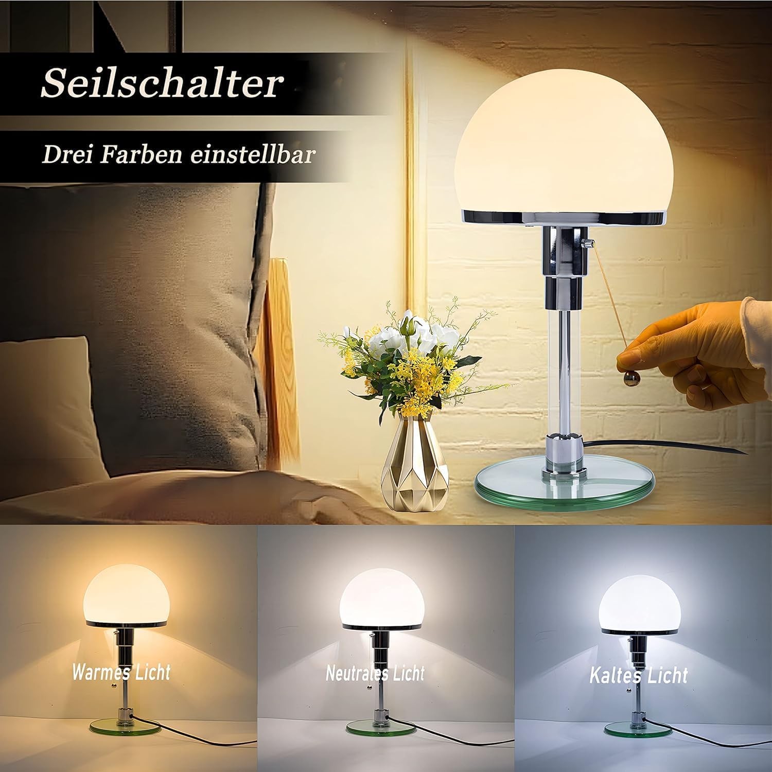 Moderne Nordische LED-Tischlampe,Pilz Lampe,Glas-Bauhaus-Tischlampe Pilzlampen Tischlampe mit 3 Helligkeitsmodi.