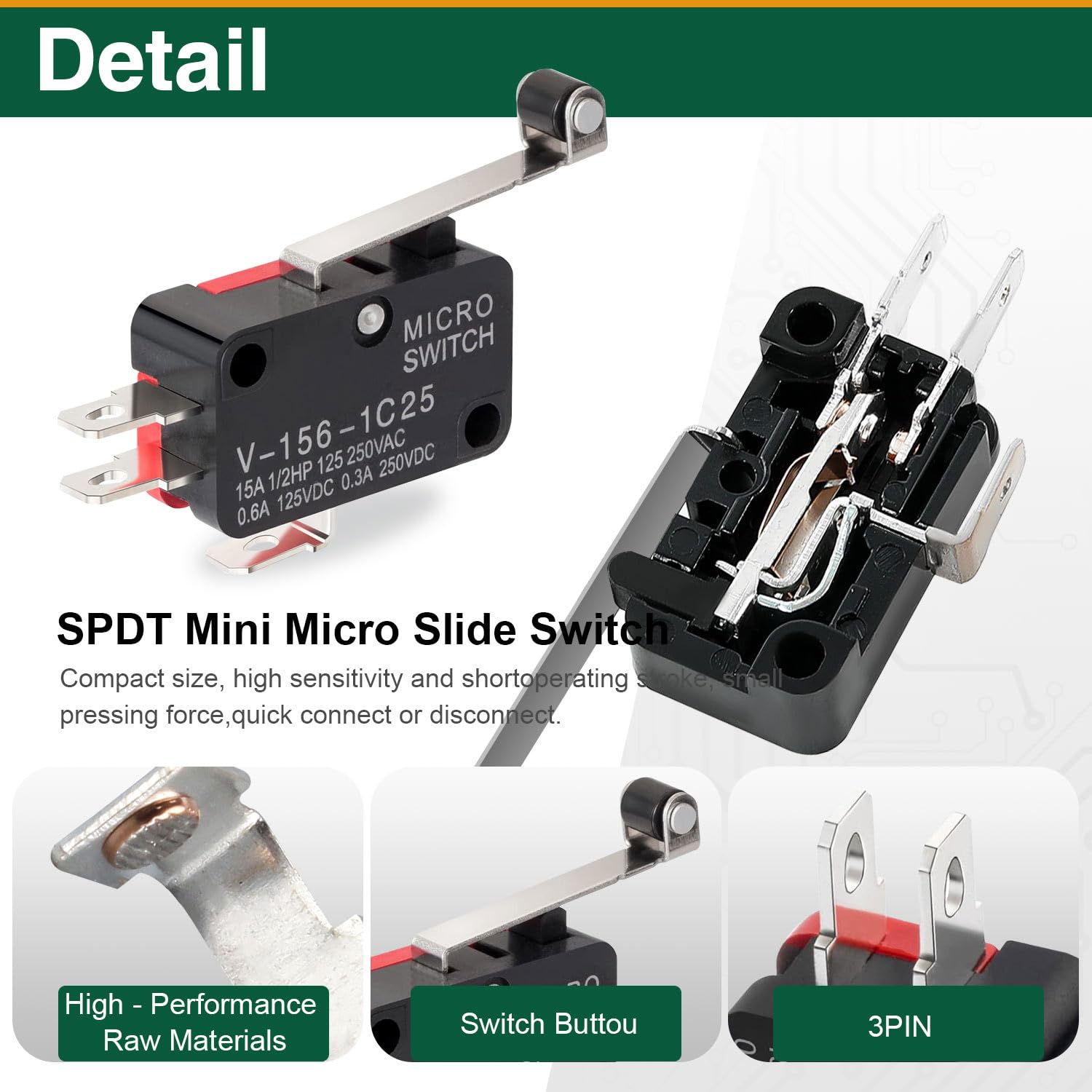 9PCS SPDT Momentary Limit Switch with Roller Lever Arm, 15A 125/250VAC, 3 Pin 1NO 1NC, V-156-1C25 for Industrial Automation, Mechanical Equipment - Image 3