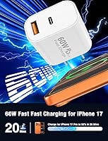Vista 2 de Cargador rápido USB C de 60 W para iPhone 17/16/15 Pro Max, paquete de 2 bloques de carga de pared PD 3.0 de doble puerto con cable USB C de 6 pies
