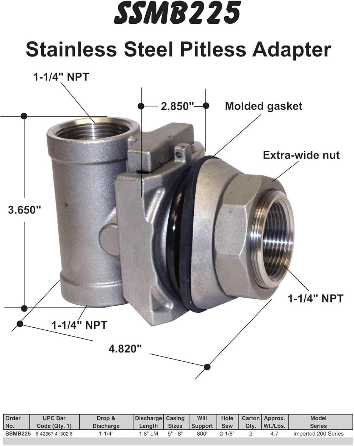 Merrill MFG SSMB225 1-1/4" Stainless Steel Pitless Adapter, Heavy Duty 304 SS Well Pump Pitless for 1-1/4" Drop Pipe & Discharge, Deep Well Submersible Pump Connection Fits 5"–8" Casing
