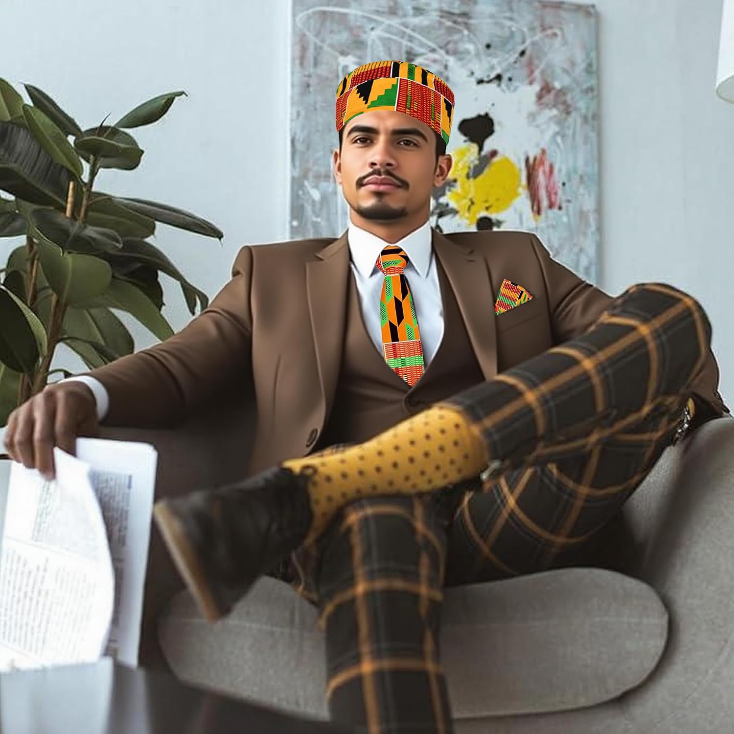 3PCS African Kente Cloth Set, Kufi Hat Cap & Kente Tie & Suit Pocket Square for Black History Month, Men Graduation Accessories