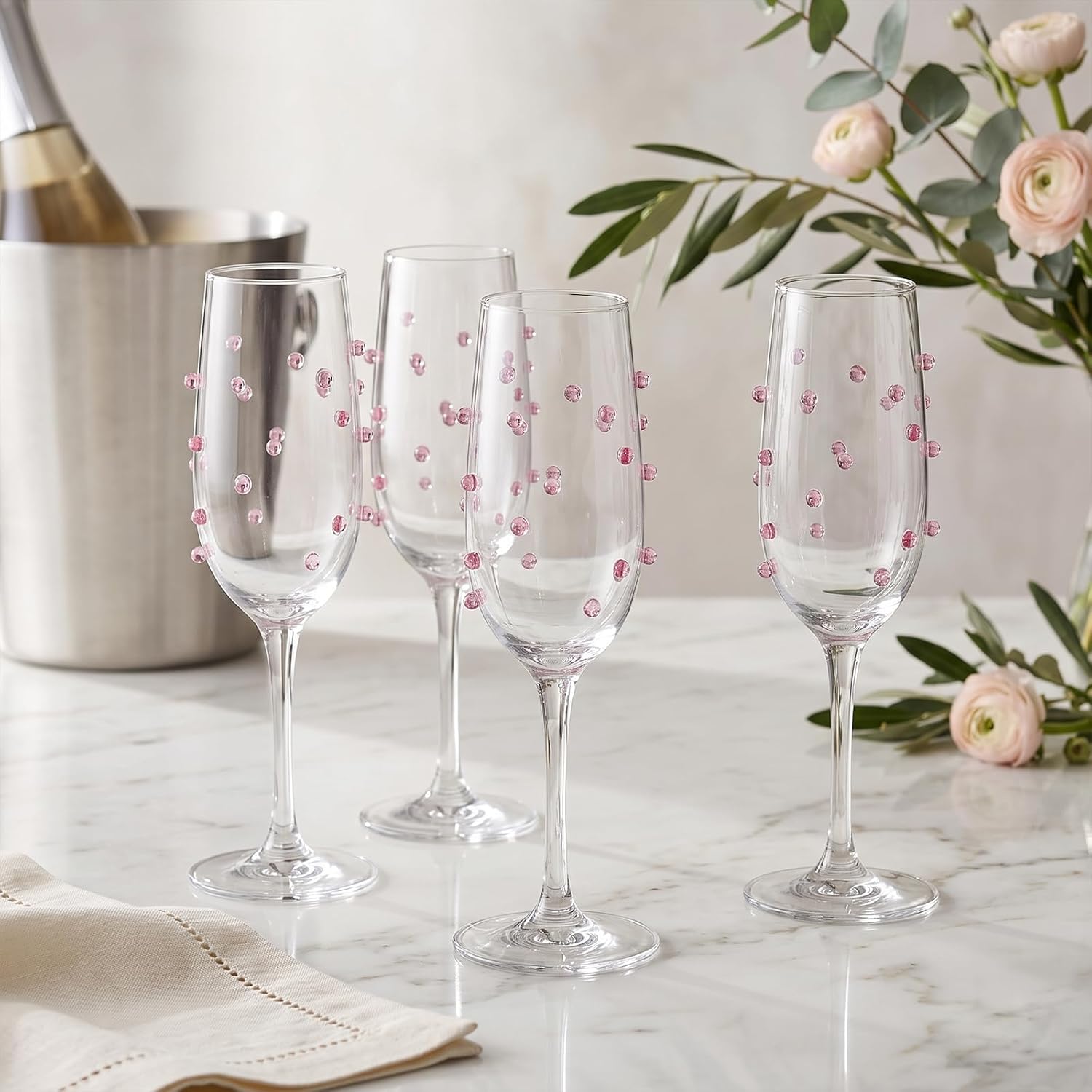MyGift Pink Champagne Flutes Set of 4 – Elegant 9oz Stemmed Sparkling Wine Glasses for Mimosas, Prosecco, Cocktails & Weddings, Bridal Shower, Birthday Party