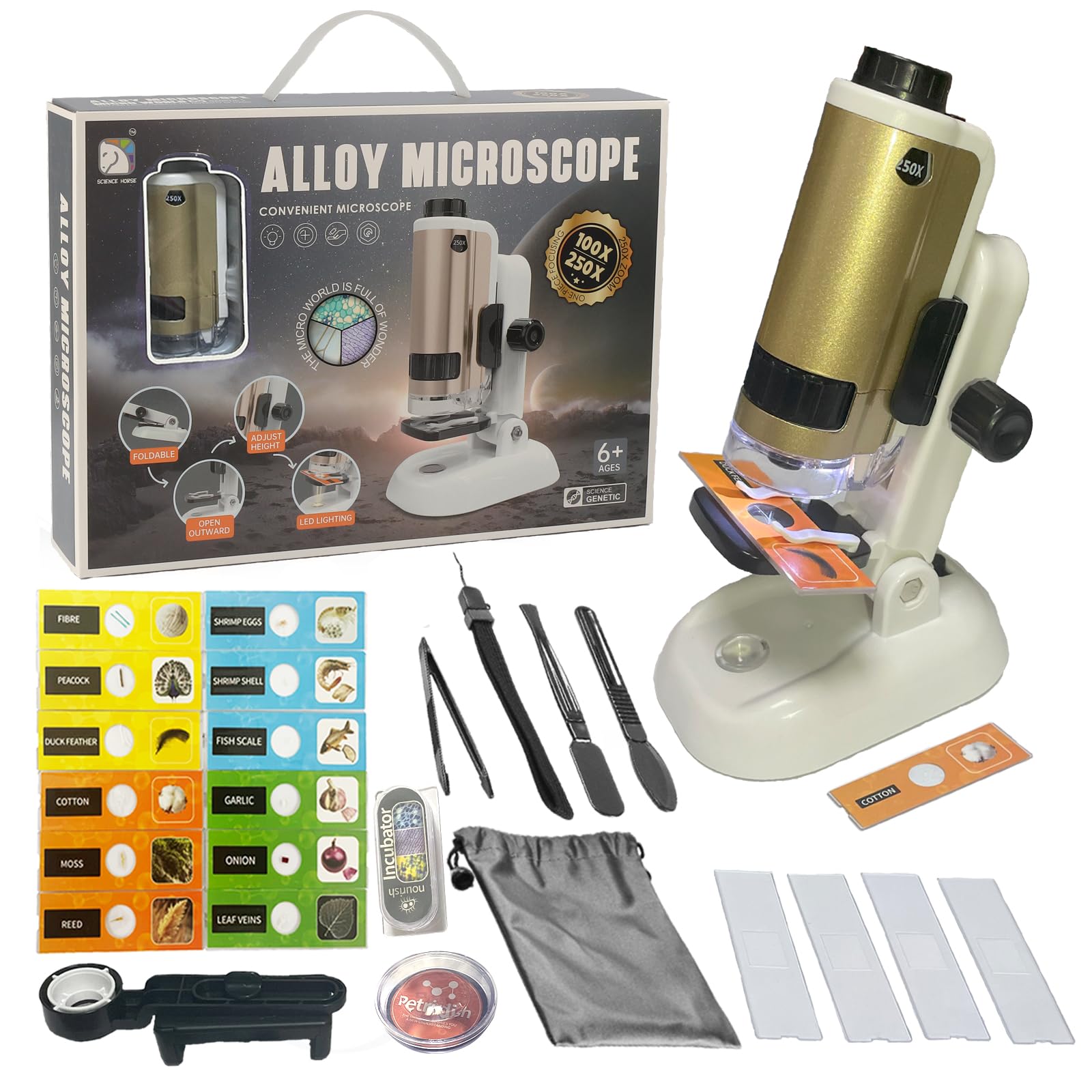 Microscope for Kids,100x-250x Portable Pocket Mini Microscope for Kids, Educational Science Kit with LED Lights, Alloy Handheld,14 Specimen Slides, 4