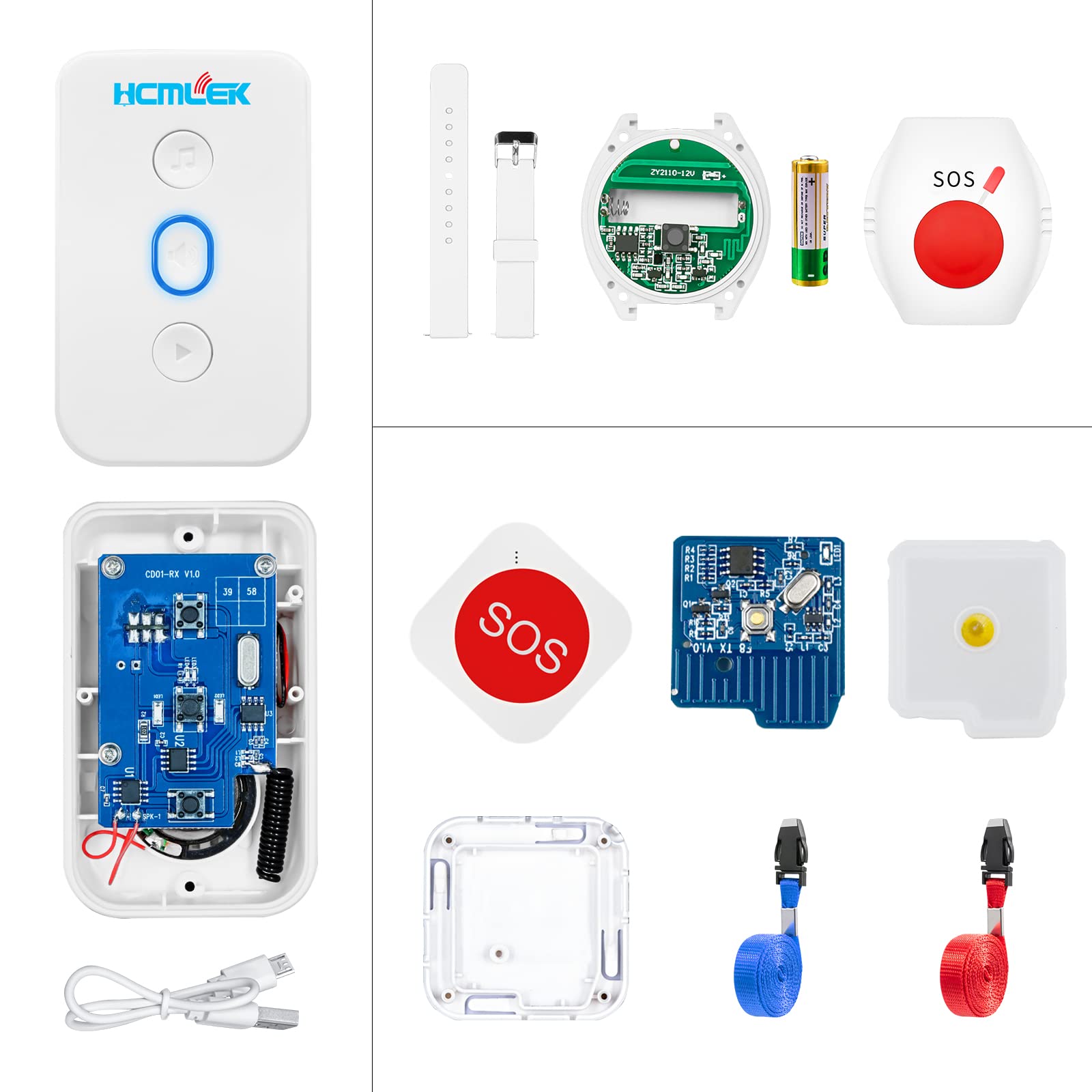 Bouton d'appel d'urgence pour personnes âgées avec bracelet d'appel d'urgence pour seniors, écoute-bébé pour personnes âgées pour appel d'urgence à domicile, fonctionne avec appel de soins,