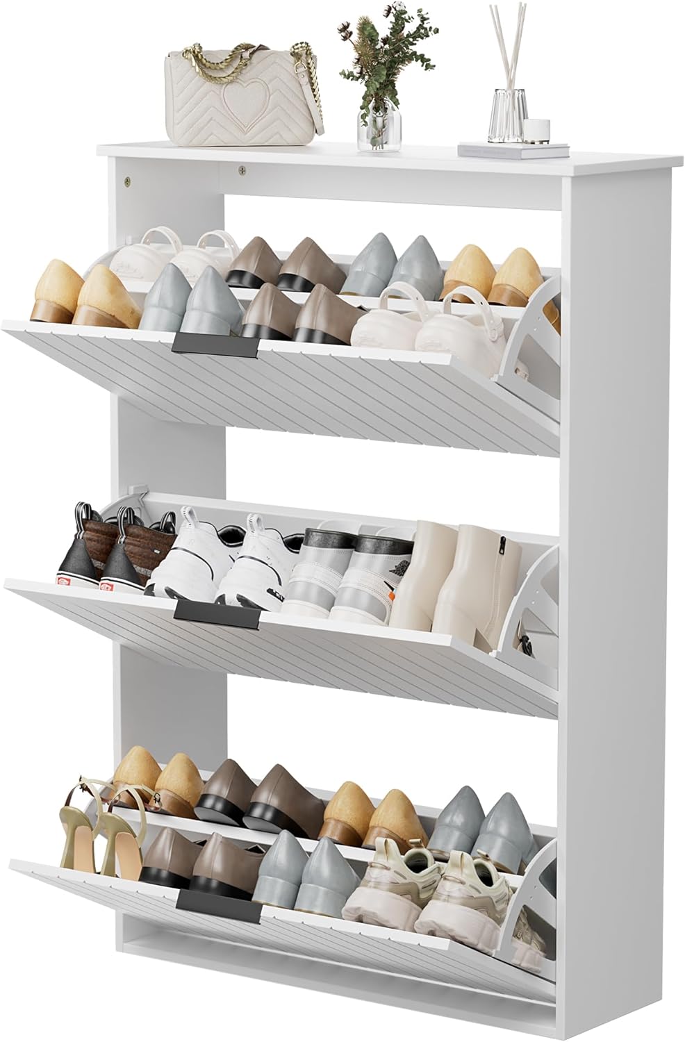 Shoe Cabinet with 3 Flip Drawers, Wood Hidden Shoe Storage, Freestanding Shoe Storage Cabinet for Entryway Hallway Porch, 47.2" H*31.5" W*10.08" D White